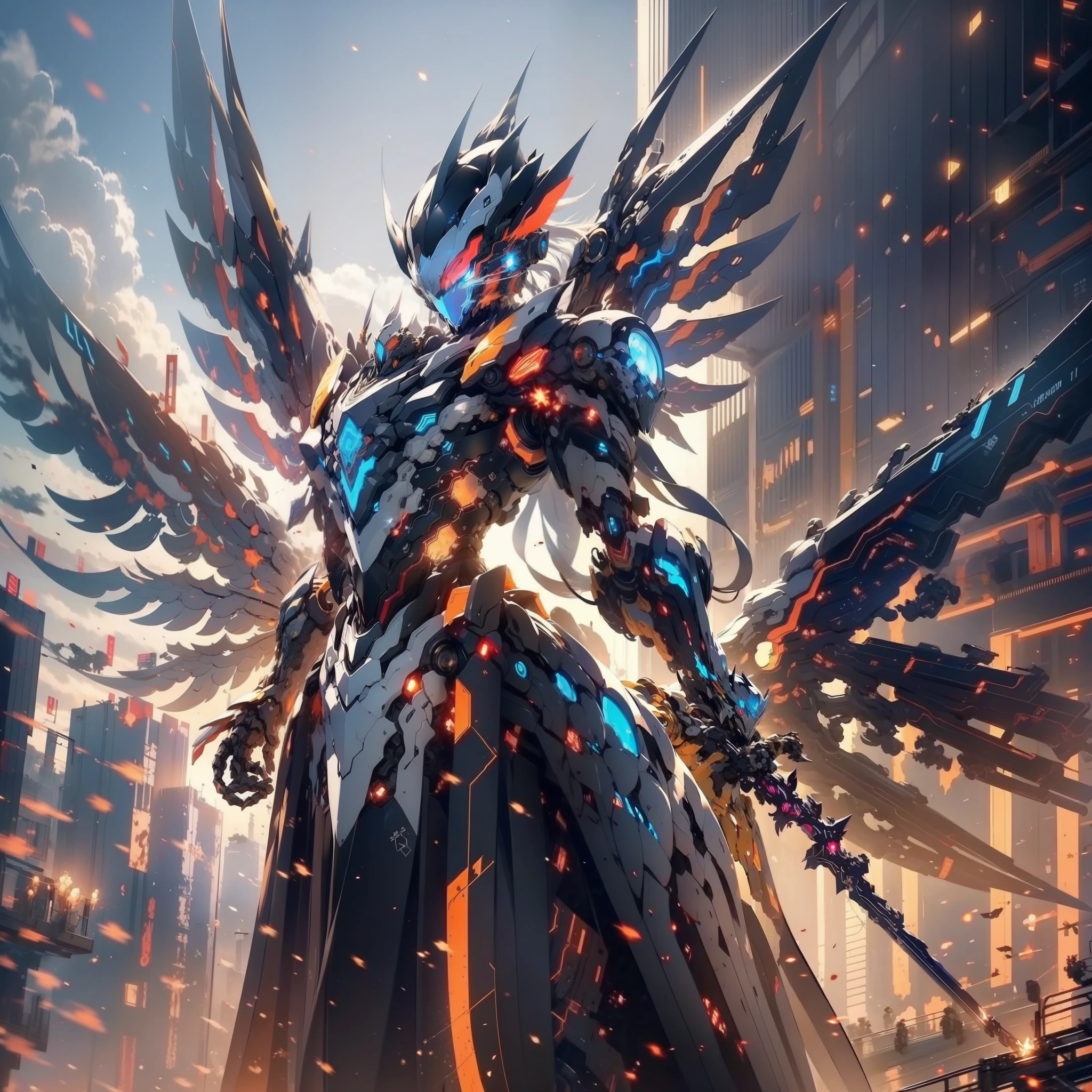Anime character with clock on background, best anime 4k konachan wallpaper, warframe art, Detailed key anime art, Exquisite War Frame Fan Art, 8k hd wallpaperjpeg artifact, 8 k hd wallpaperjpeg artifact, anime epic artwork, high detailed official artwork, Anime Mecha Aesthetics, covered in full silver armor, Detailed War Frame Fan Art、(Huge mechanical wings)、