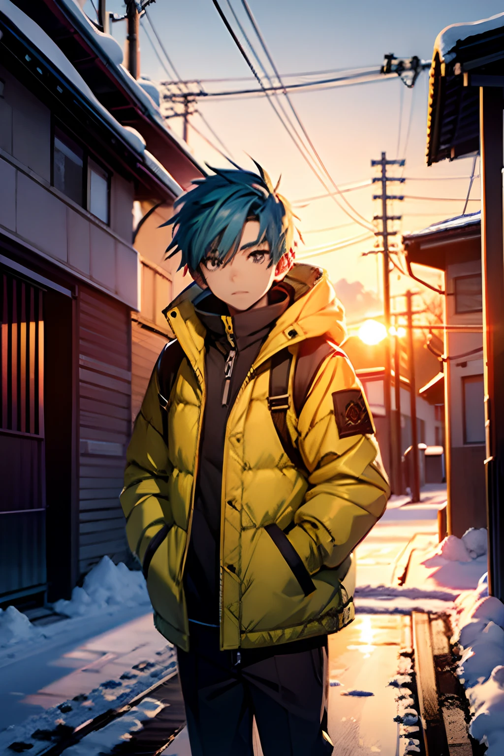 young boy, blue hair, long hair, black eyes, wearing a yellow puffer jacket, in the snow, sunset, 4k,