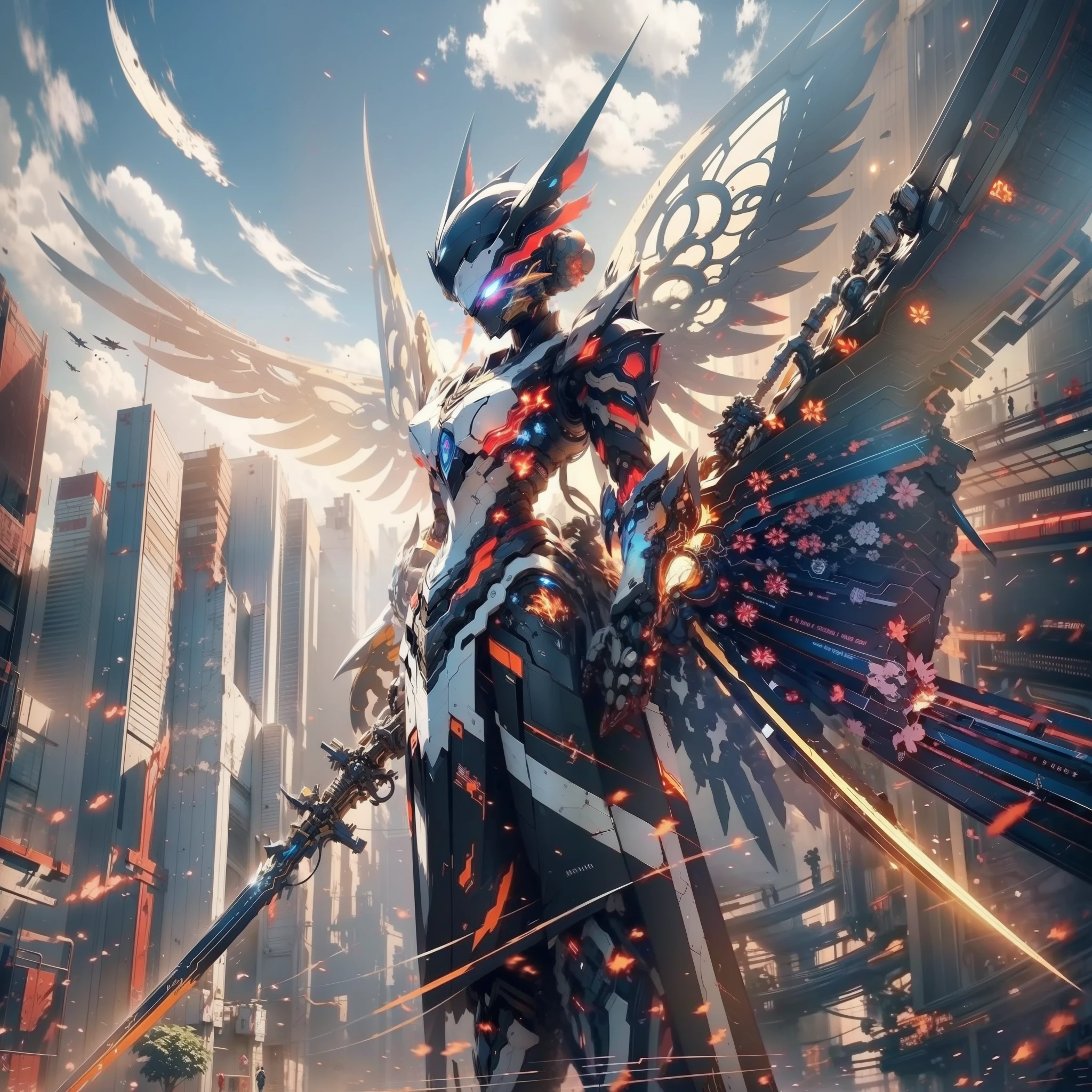 Anime character with clock on background, best anime 4k konachan wallpaper, warframe art, Detailed key anime art, Exquisite War Frame Fan Art, 8k hd wallpaperjpeg artifact, 8 k hd wallpaperjpeg artifact, anime epic artwork, high detailed official artwork, Anime Mecha Aesthetics, covered in full silver armor, Detailed War Frame Fan Art、(Huge mechanical wings)、