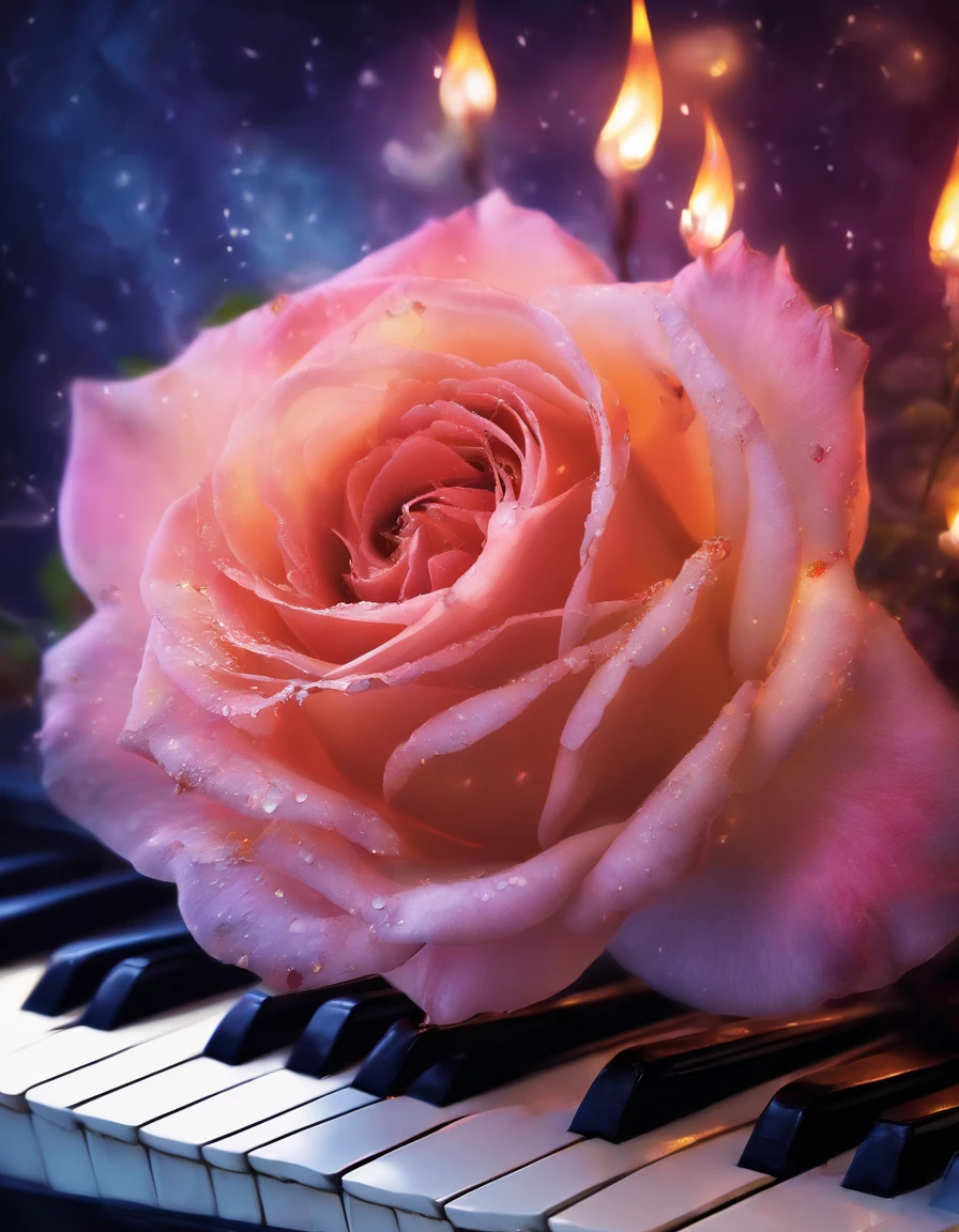 (romantic light,ultra-detailed:1.2),rose on piano keys,soft focus,beautifully illuminated scene,masterpiece:1.2,vivid colors,emotional mood,painterly style,luxurious materials,high resolution,portrait,classic composition,piano melody