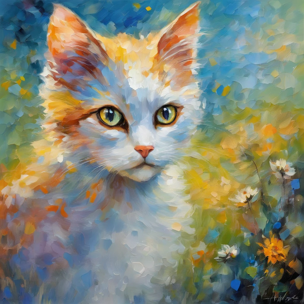 Kemono anime cat girl with big bright eyes, open wings, clouded skys, parkling dots backdrop, Van Gogh style