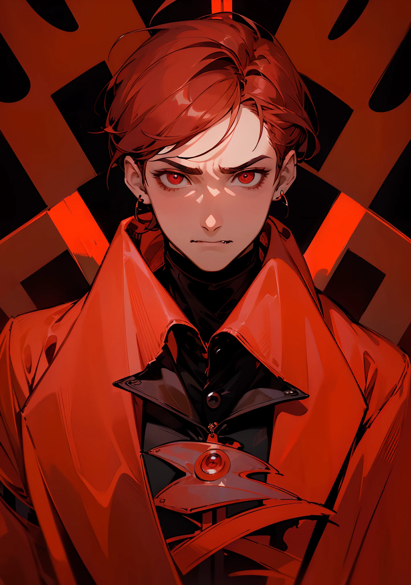 ((tmasterpiece)),(((beste-Qualit))), Only red and black shades, Close-up of depressed and sad man with brown hair, Grown-up guy, Seductive evil, wearing white shirt, black cloak, black pants Attractive appearance, Subsurface scattering skin, Attractive humanoid, high detail, Skinny fantasy man, Fan art, Art, handsome male, red eyes, depressed mood, sad face, Gloomy, fangs, vampire fangs, small pupils, Skinny face, sunken cheeks, Melancholic appearance, sharp chin, Smooth face, earring in the ear, Hair gradient, hair color from brown to red, thin eyebrows, short hair on the side, pixie hairstyle, Wavy Hair, A chilling look, Cool dark shades, Additional lighting, A gloomy picture, Black Darkness, An ominous fire in his eyes, A Necromancer, necromancy