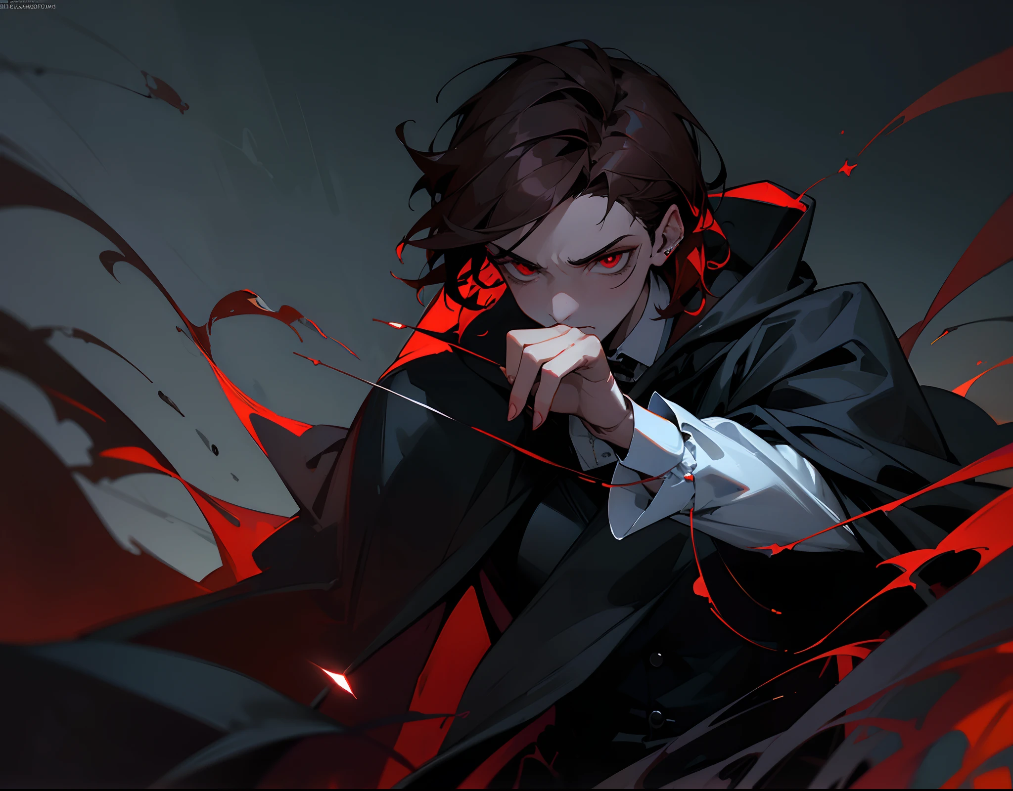 ((tmasterpiece)),(((beste-Qualit))), Close-up of depressed and sad man with brown hair, Grown-up guy, Seductive evil, wearing white shirt, black cloak, black pants Attractive appearance, Subsurface scattering skin, Attractive humanoid, high detail, Skinny fantasy man, Fan art, Art, handsome male, red eyes, depressed mood, sad face, gloomy, fangs, vampire fangs, small pupils, Skinny face, sunken cheeks, Melancholic appearance, sharp chin, Smooth face, earring in the ear, Hair gradient, hair color from brown to red, thin eyebrows, short hair on the side, pixie hairstyle, Wavy Hair, A chilling look, Cool dark shades, Additional lighting, A gloomy picture, Black Darkness, An ominous fire in his eyes, A Necromancer, necromancy