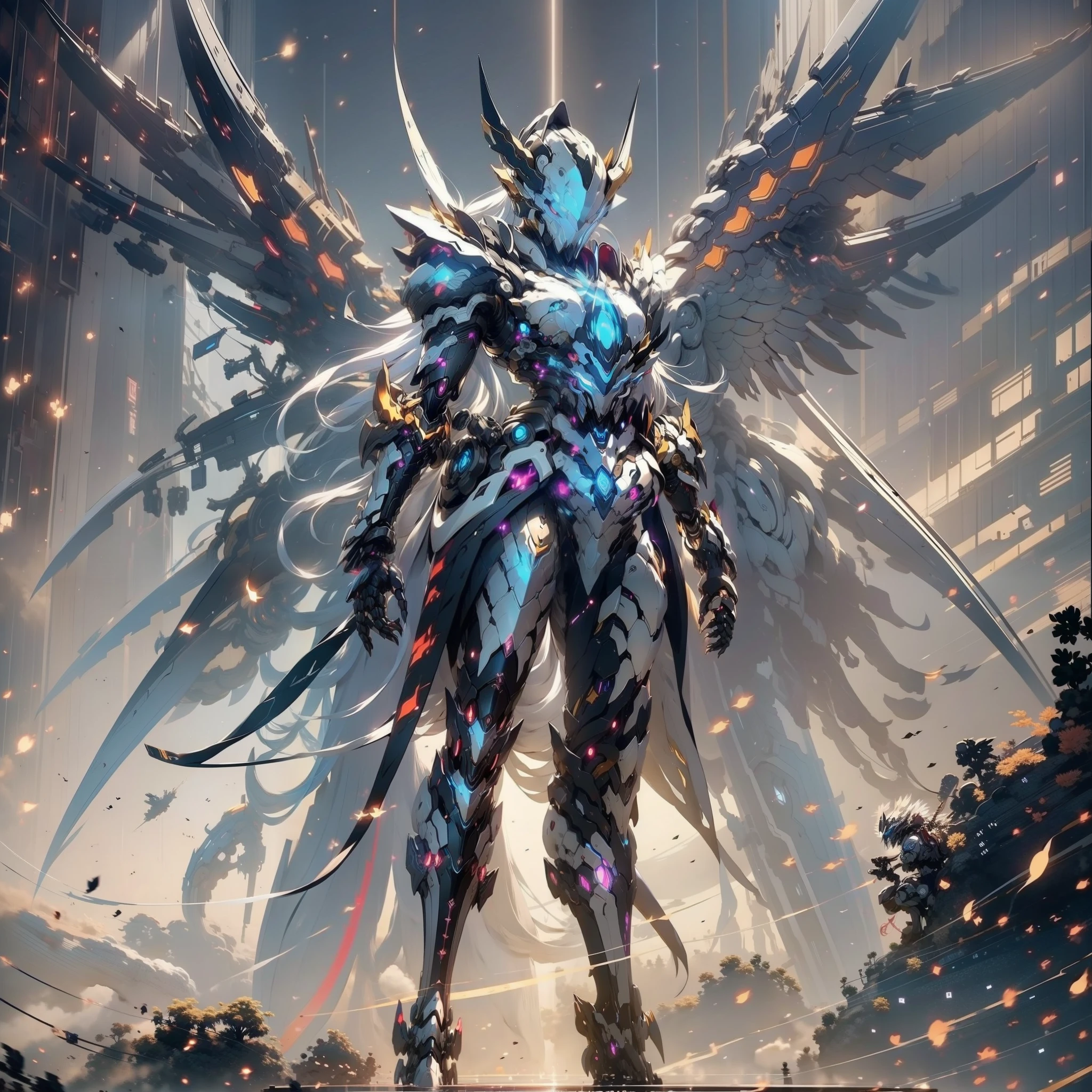 Anime character with clock on background, best anime 4k konachan wallpaper, warframe art, Detailed key anime art, Exquisite War Frame Fan Art, 8k hd wallpaperjpeg artifact, 8 k hd wallpaperjpeg artifact, anime epic artwork, high detailed official artwork, Anime Mecha Aesthetics, covered in full silver armor, Detailed War Frame Fan Art、Feminine silhouette、(giant mechanical wings)、