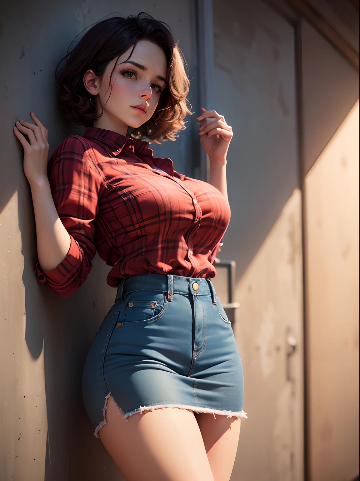 Masterpiece, 8k, brunette Woman with Short curley Hair, Short Denim skirt, ((Red  Flannel Shirt)), learning against a Wall, busty