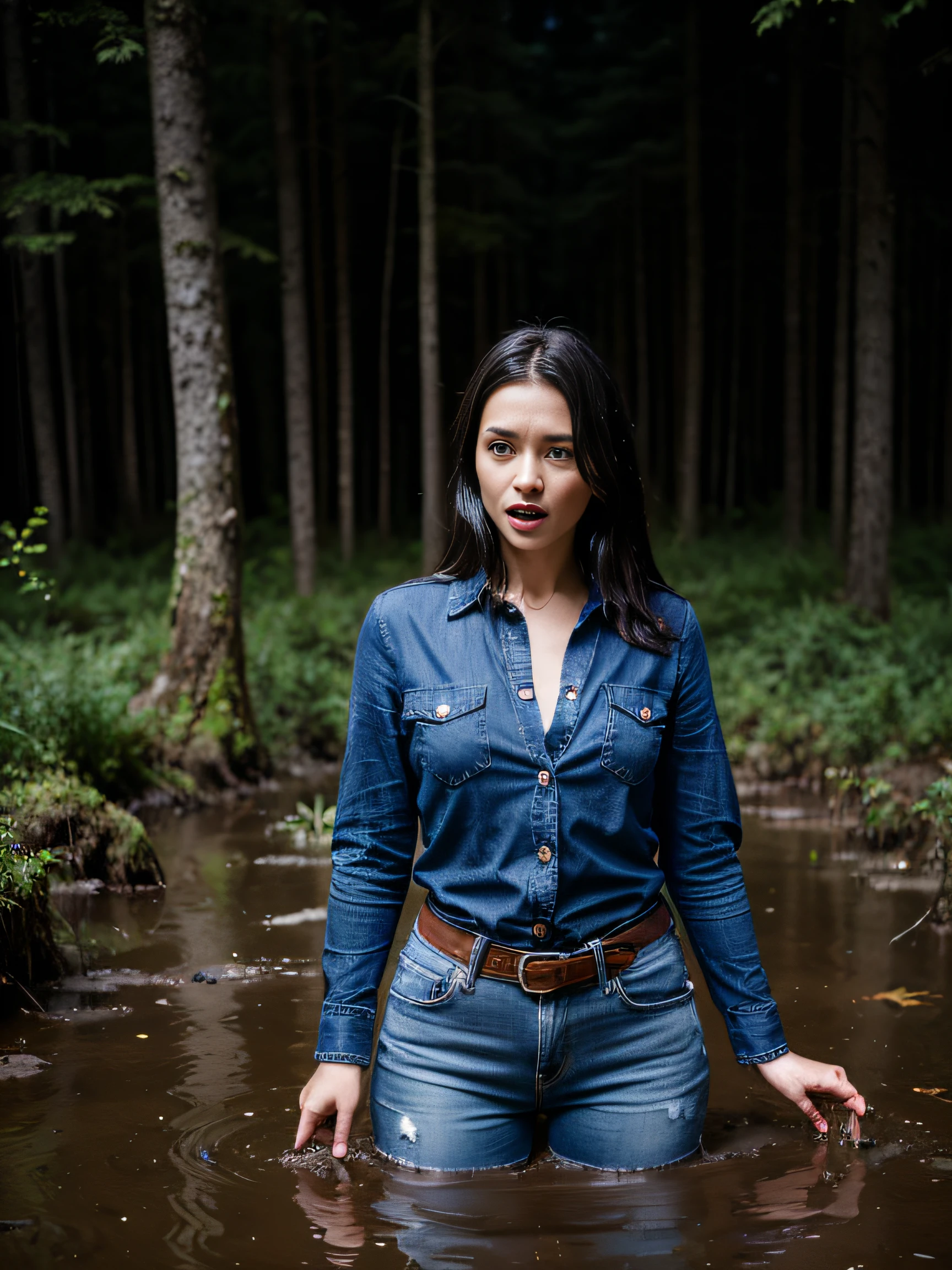 (dense damp forest), the night, (Black Sky). Tormented by lust, european woman, (Drowning in a mud swamp), Dressed in jeans and a blouse. She is embarrassed and frightened, but can't stop. Clothes are covered with drops of brown dirt.