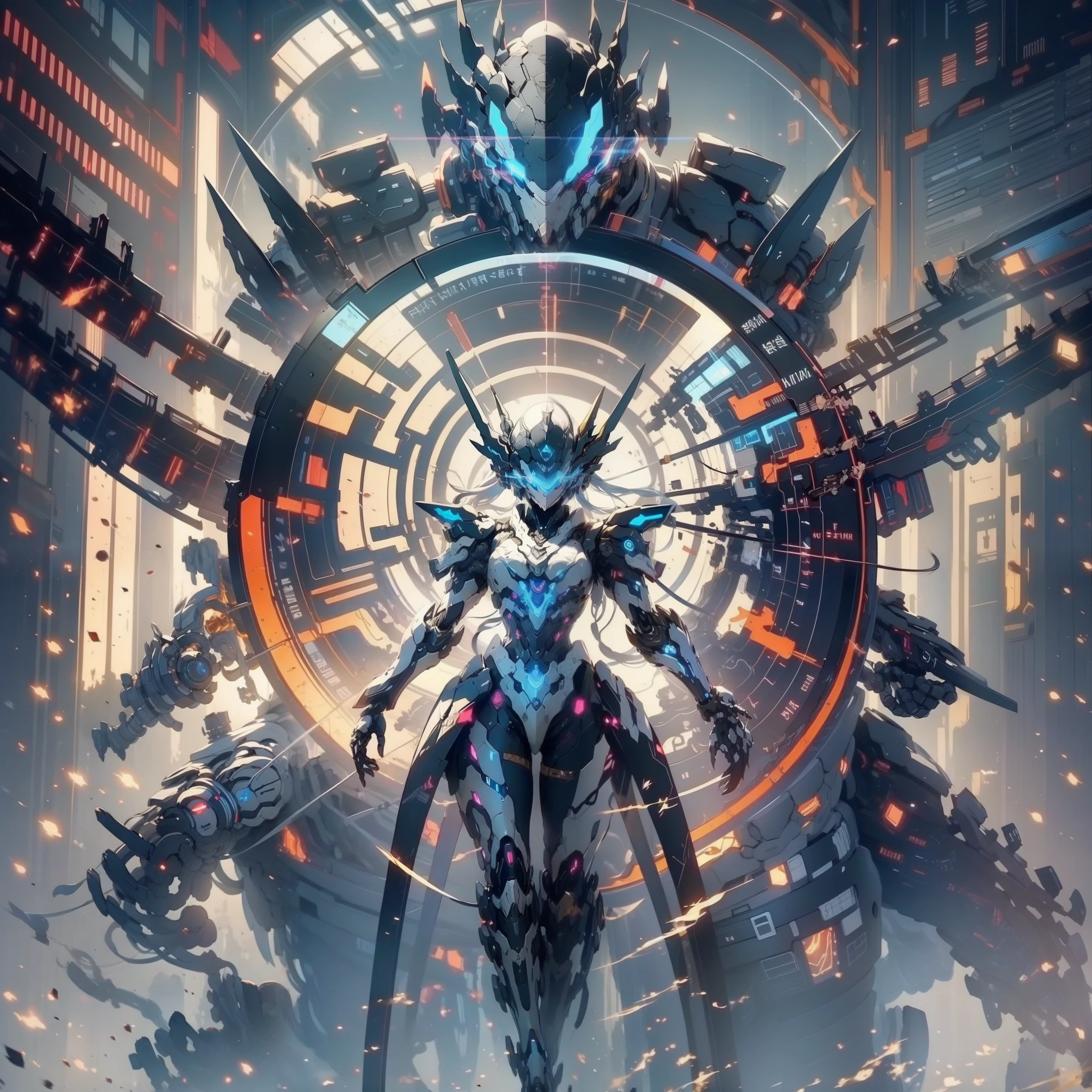 Anime character with clock on background, best anime 4k konachan wallpaper, warframe art, Detailed key anime art, Exquisite War Frame Fan Art, 8k hd wallpaperjpeg artifact, 8 k hd wallpaperjpeg artifact, anime epic artwork, high detailed official artwork, Anime Mecha Aesthetics, covered in full silver armor, Detailed War Frame Fan Art、Feminine silhouette、(giant mechanical wings)、