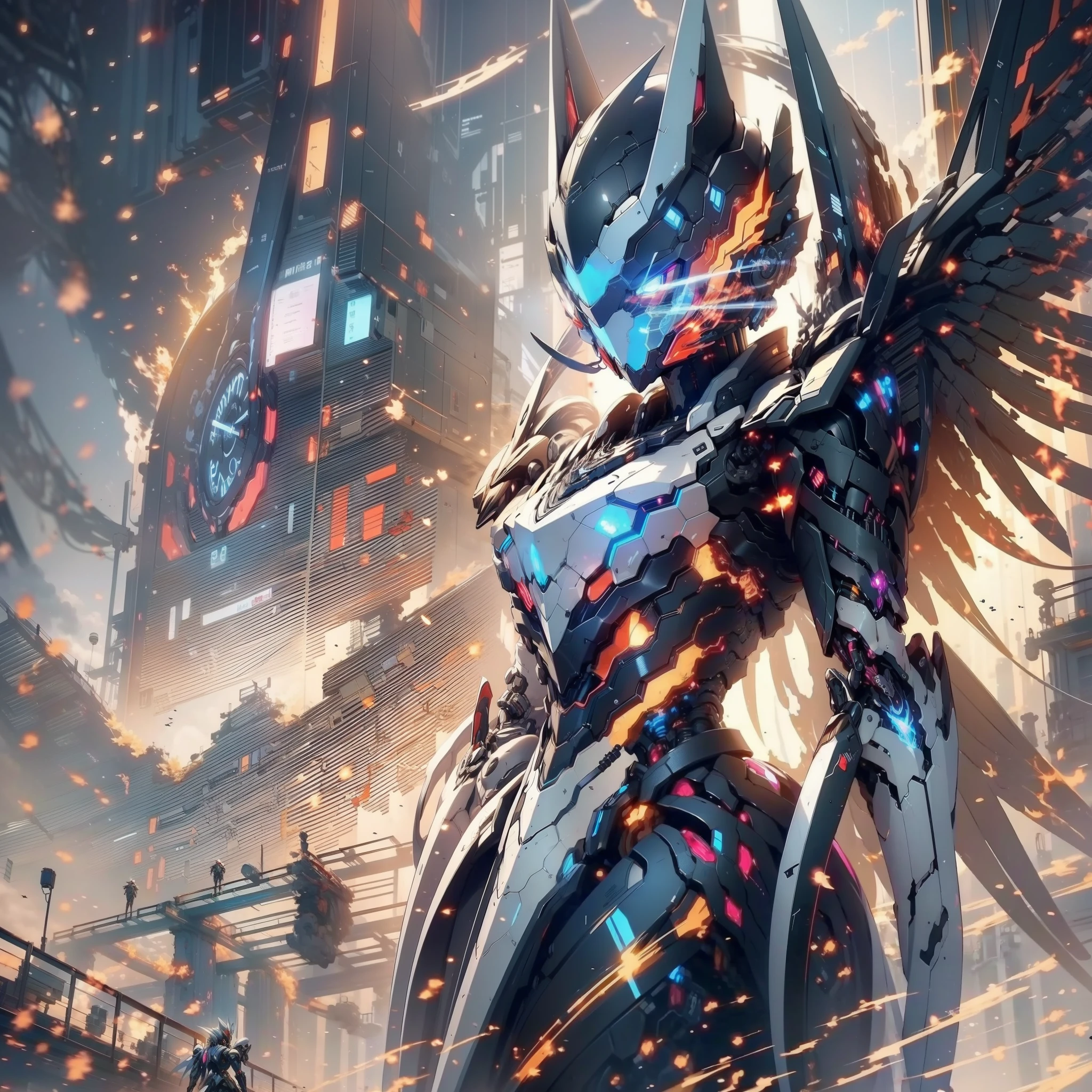 Anime character with clock on background, best anime 4k konachan wallpaper, warframe art, Detailed key anime art, Exquisite War Frame Fan Art, 8k hd wallpaperjpeg artifact, 8 k hd wallpaperjpeg artifact, anime epic artwork, high detailed official artwork, Anime Mecha Aesthetics, covered in full silver armor, Detailed War Frame Fan Art、Feminine silhouette、(giant mechanical wings)、