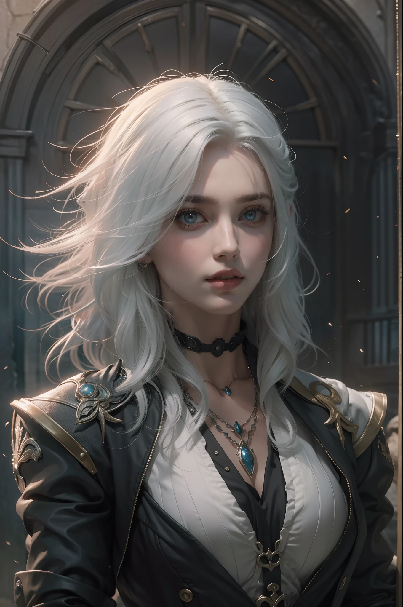 Mulher que lembra a Ciri de The Wicther, com longos cabelos brancos e olhos azuis brilhantes, she's wearing a black suit, seus cabelos chicoteando seu rosto com o vento