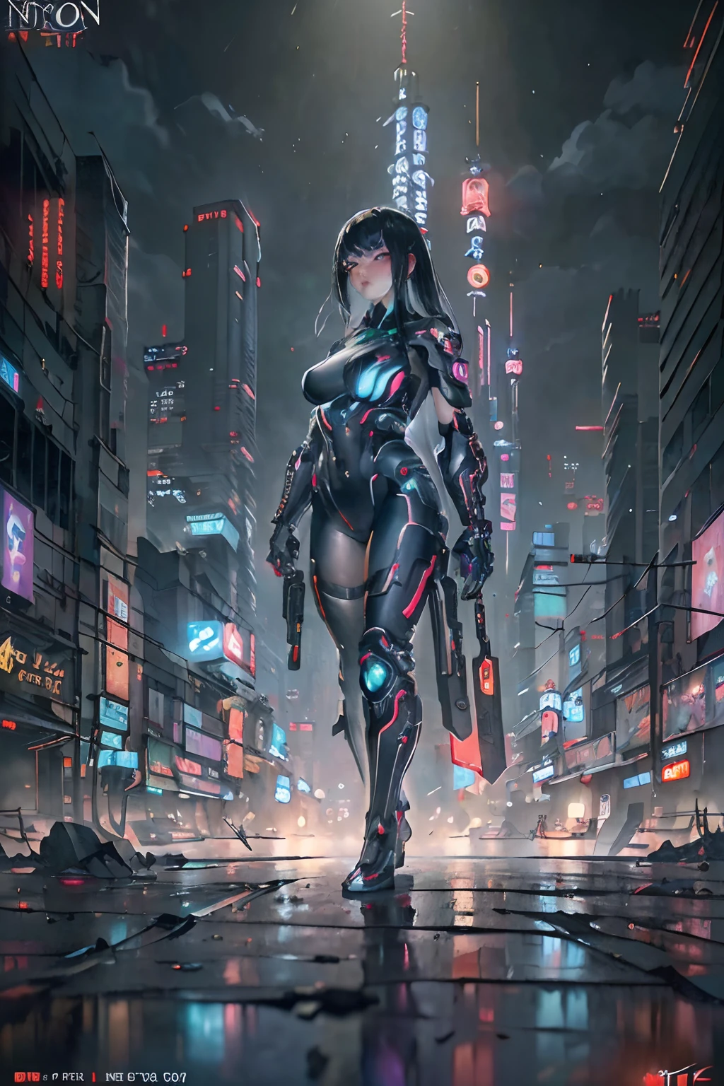 Cyberpunk city, dark theme , neon signs, (insanely detailed and intricate, hyperrealistic, futuristic war), cyberpunk, high view, realistic view, ultra realistic ,Bloom, Bokeh, Cinematic, Film Grain, Ray Tracing Reflections, Chromatic ambient background. Beautiful cyber warriors for a movie poster