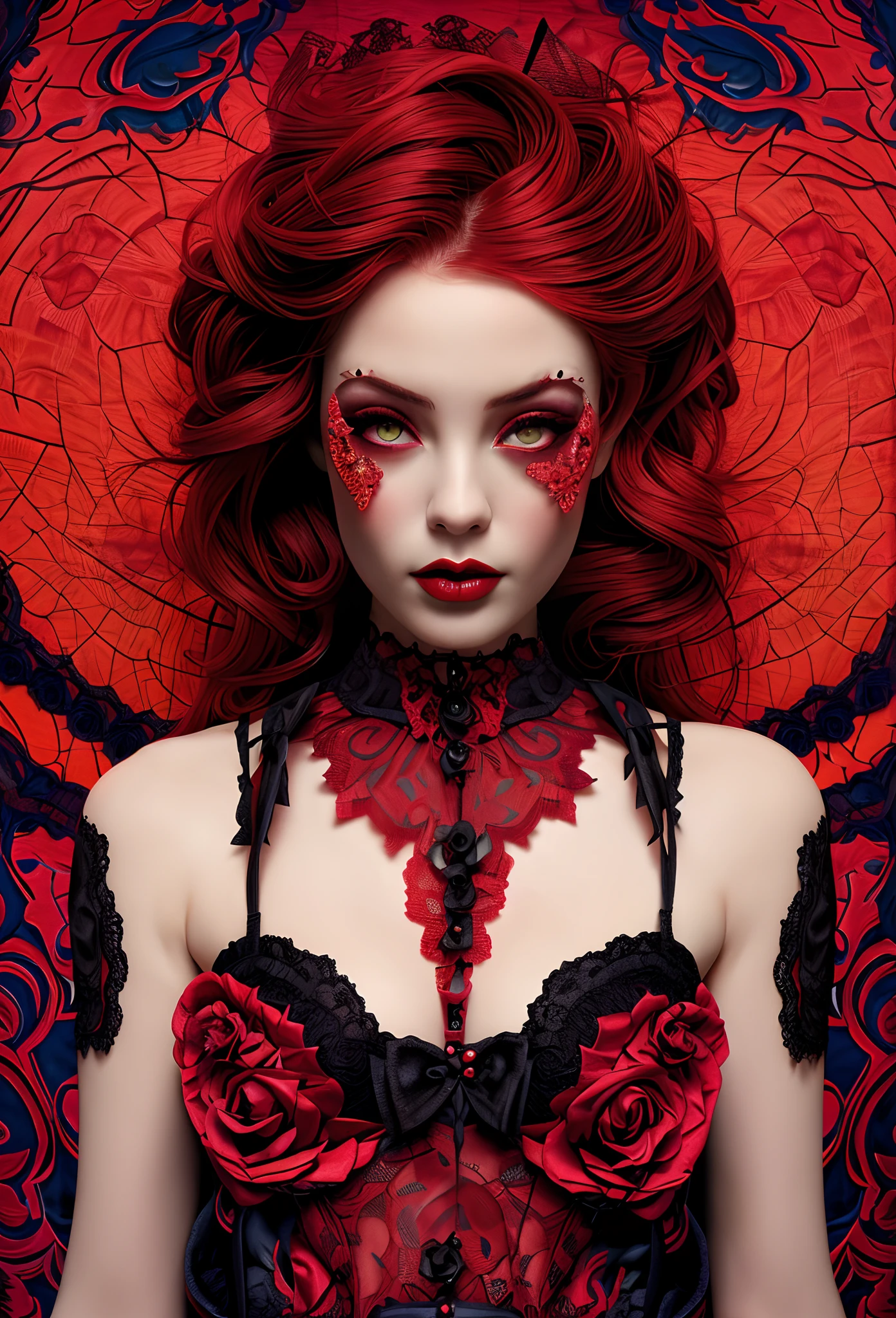 arafed woman with red hair and black lace and red roses, beautiful elegant demon queen, natalie shau tom bagshaw, portrait of a dark fantasy nymph, portrait of demon girl, karol bak uhd, red adornments, alluring mesmer woman, portrait of beautiful vampire, red adornements, beautiful succubus, gothic art style