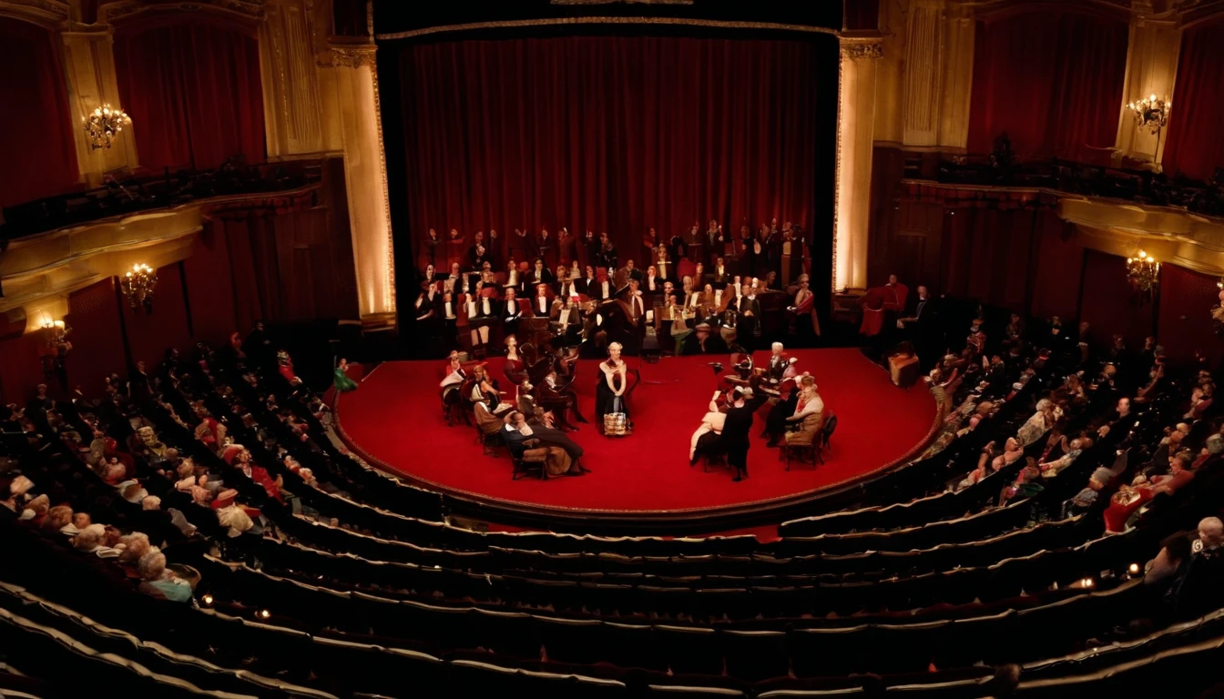 1930's era men and women performing a play , at a vaudville theater, wide overhead shot showing people sitting in the seats