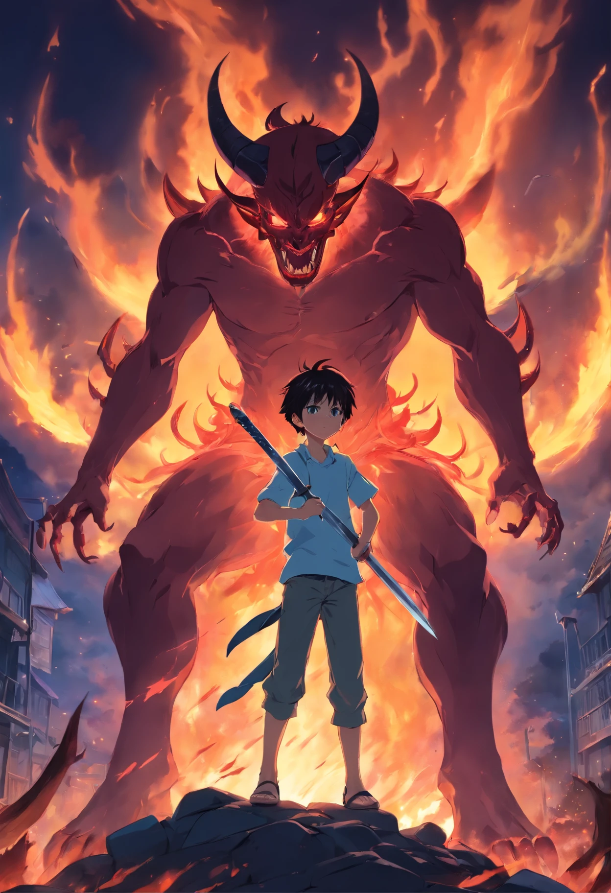 A demon in hell with a in his lap and a sword in his hand