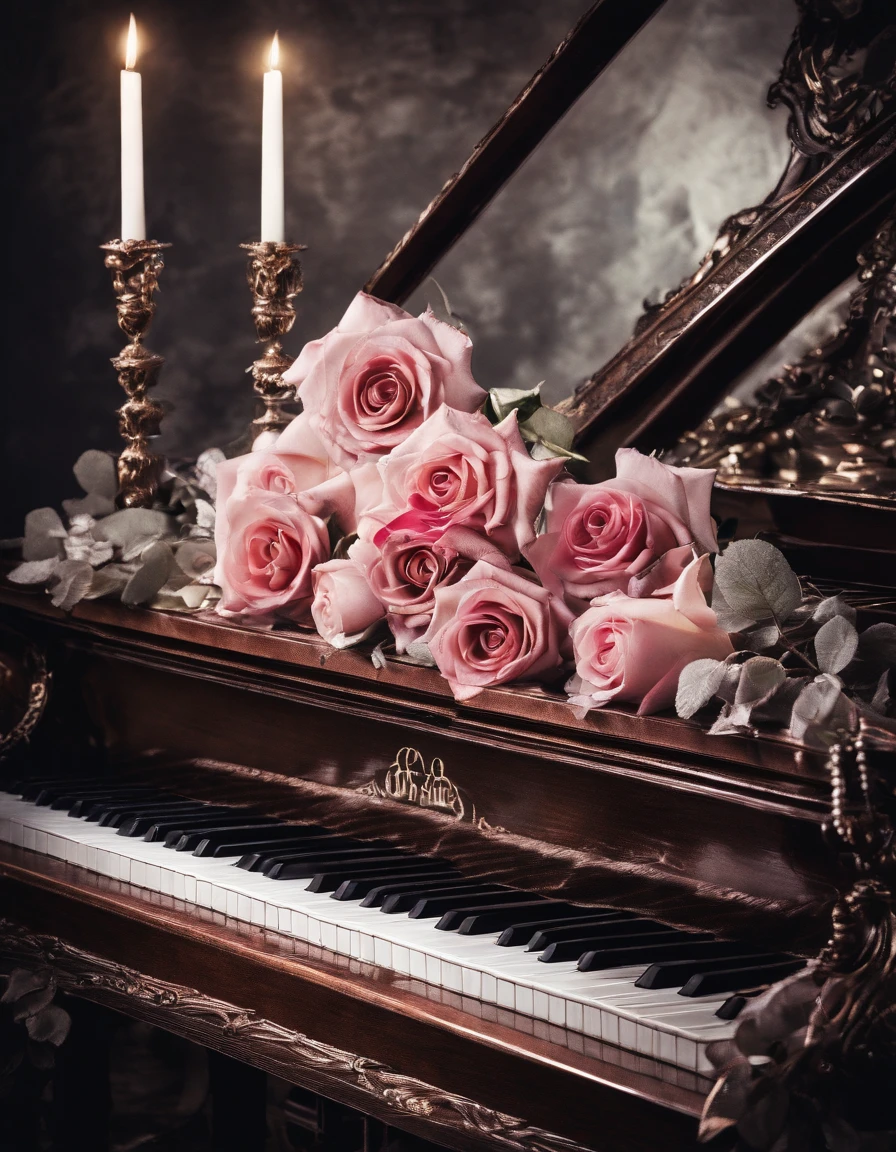 (romantic light,ultra-detailed:1.2),rose on piano keys,soft focus,beautifully illuminated scene,masterpiece:1.2,vivid colors,emotional mood,painterly style,luxurious materials,high resolution,portrait,classic composition,piano melody
