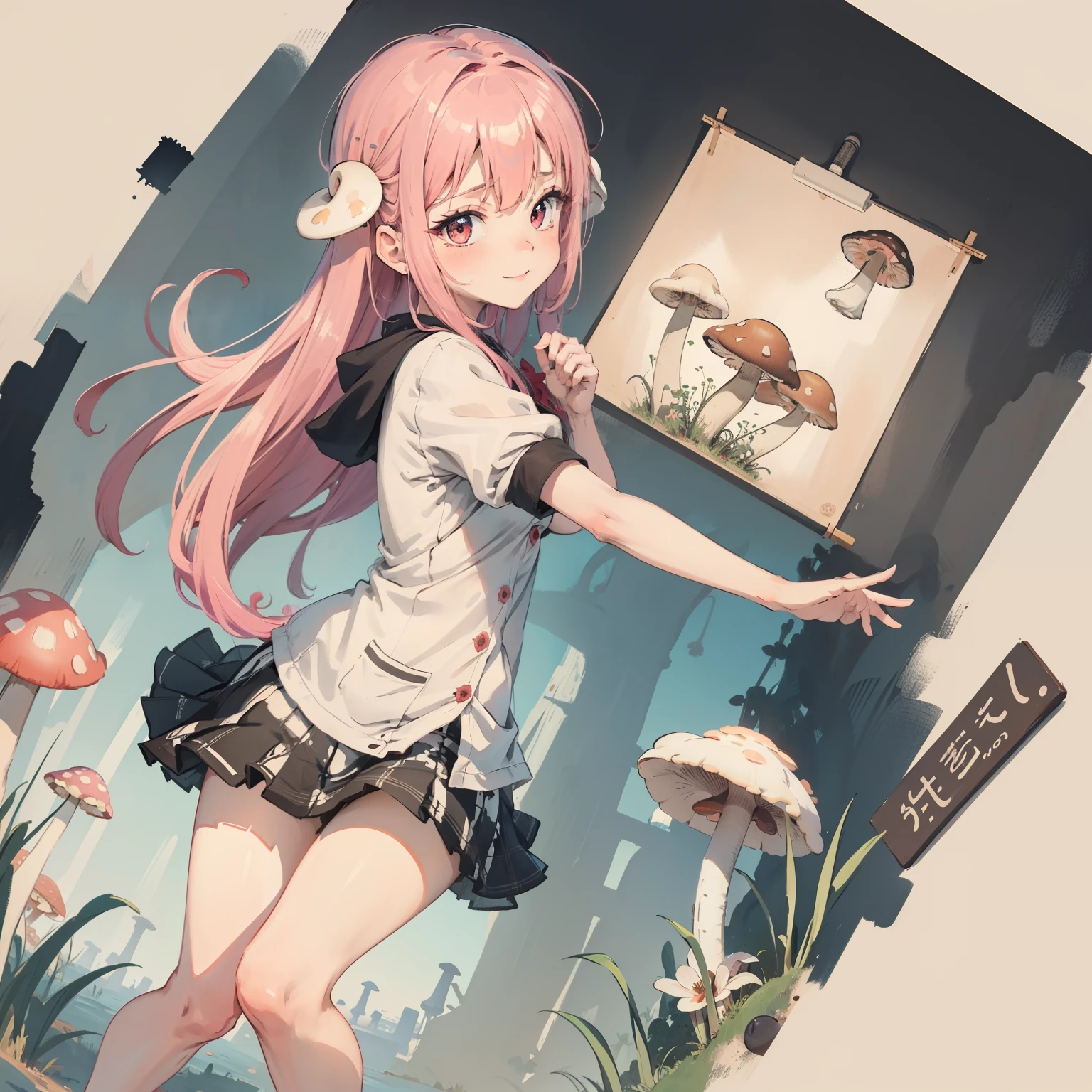 1girll, Pink hair, Red eyes, dress, at class room,Mushrooms grow in the classroom,(Solo:1.3),Simple drawing, Mushrooms and girls, huge boob, Big smile, Mushrooms + Mushrooms + Mushrooms + Mushrooms + Mushrooms,Red mushrooms,Cyan mushrooms,White mushrooms, Mushrooms grow on the body,From the side Side,Dancing,Watercolor illustration, Perfect anatomy, Masterpiece, Best quality, 1girll, Loli,, landscape