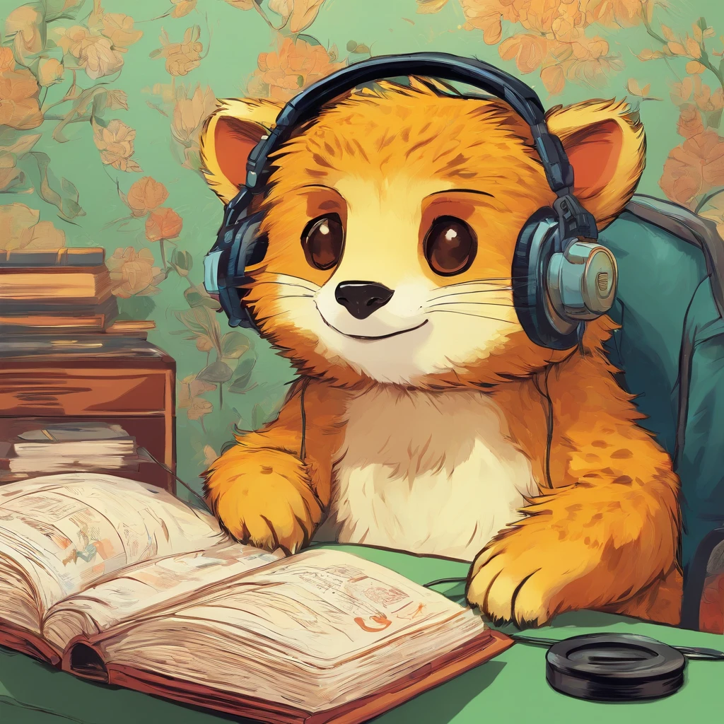 kemono wearing headphones, rich details, van gogh style, 8k, oil painting.