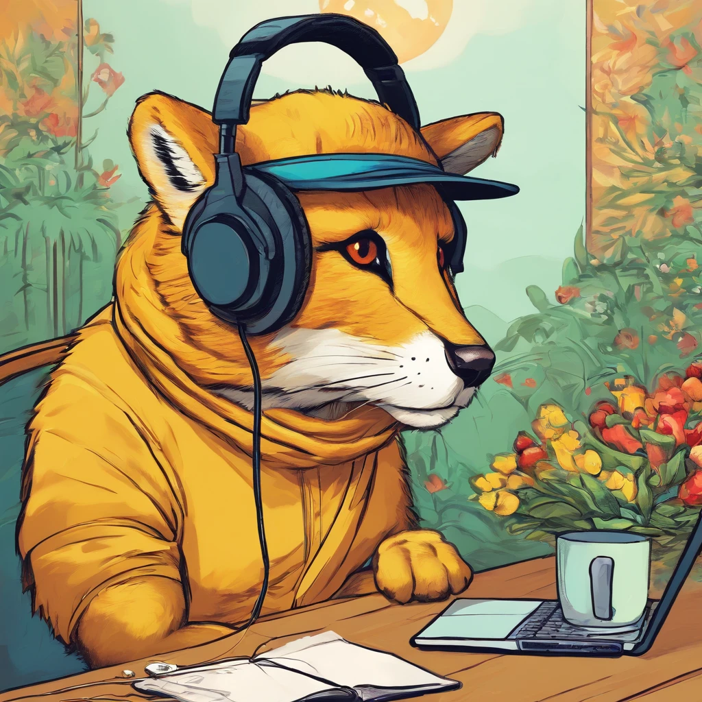 kemono wearing headphones, rich details, van gogh style, 8k, oil painting.