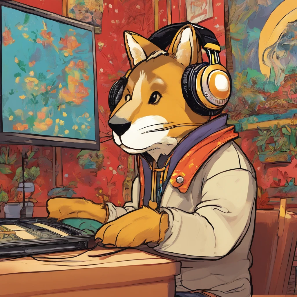 kemono wearing headphones, rich details, van gogh style, 8k, oil painting.
