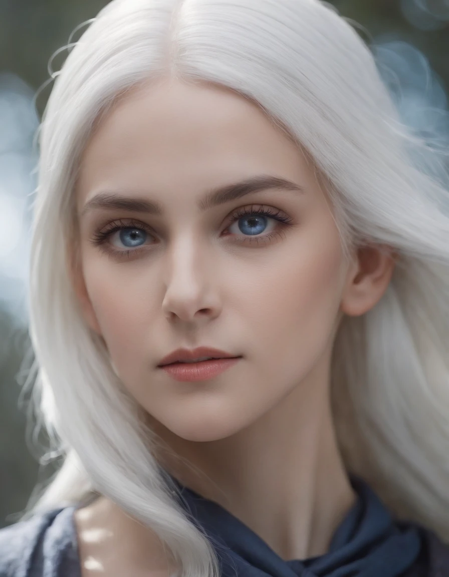 best quality, (wide shot), CGSsociety, 8K, ultra-realistic, masterpiece, child dark elf, white hair, blue eyes, white clothes, black scarf, looking up, upper body, lock of hair, dark skin, straight and loose hair