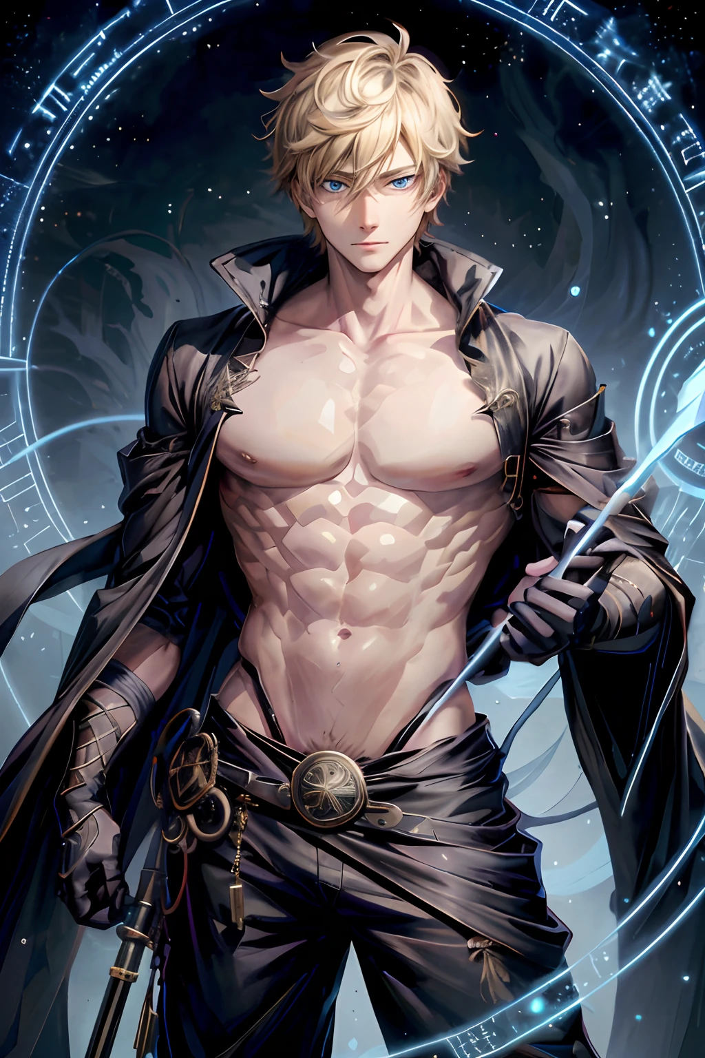 Trending on artstation pixiv, anime guy with bright eyes, unsual eyes, best anime 4k, zerochan art, key anime art, [[[[grinning evily]]]], Mage, masterpiece, Magic, Magic circle, (gray skin), muscular, open shirt, solo, rings, good anatomy, detailed hands, detailed eyes, (male), Black cat, Black Wizard clothes, blue eyes