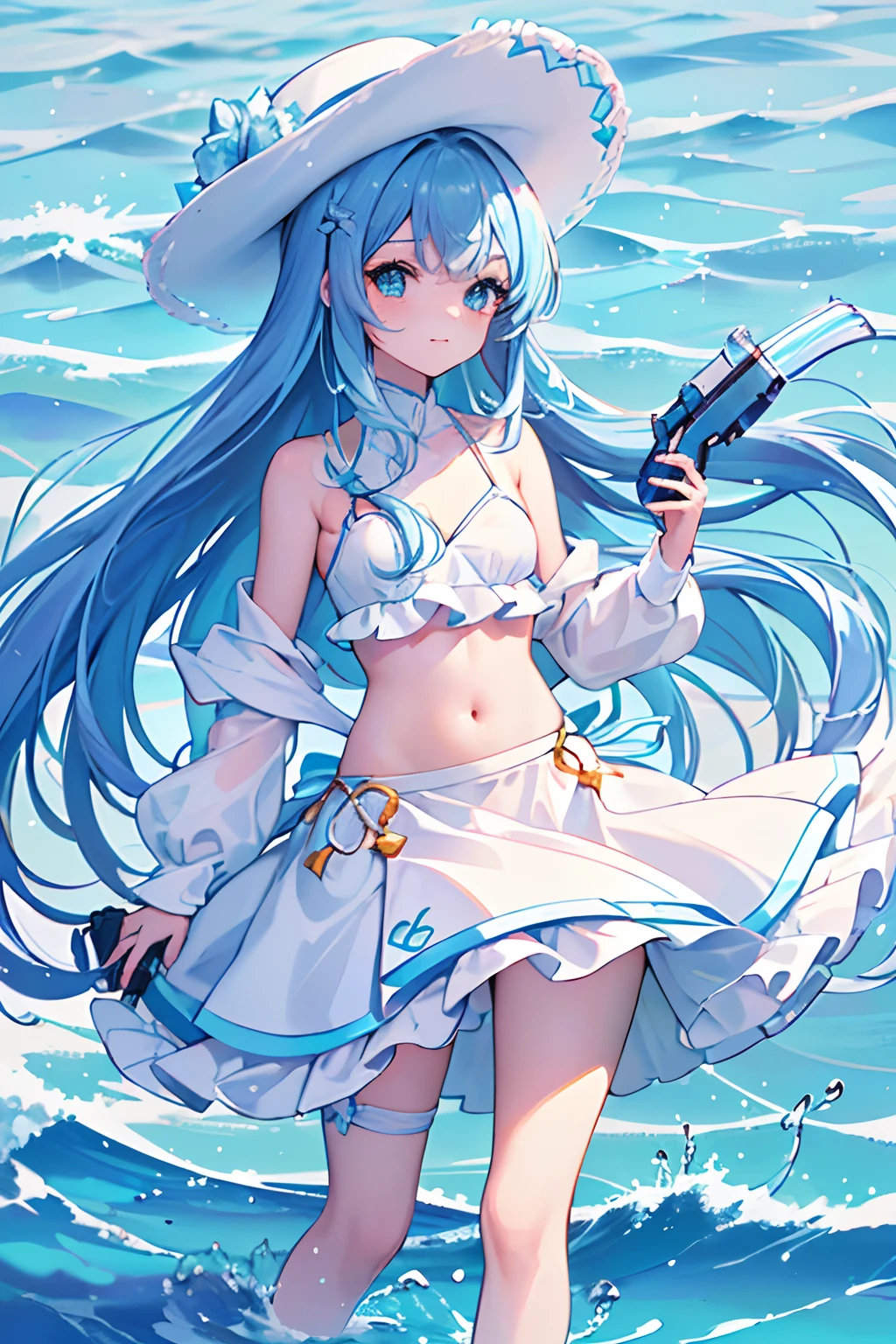 (13 anos, 140 cm de altura, Beautiful, small breasts almost imperceptible, fofo, bashful expression. 1 female. cabelos brancos com mechas azul claro. Olhos azul. atalho. franja combinando. Cute white bikini with blue laces and blue lines. Calcinha Branca. orelha de gato com lacinho do lado. warm lighting. Qualidade da foto, extremely high-resolution. lago bunito. She is standing on the clear water. In her hand she is holding a white pistol . Ums peixinhos coloridos nadam perto dela. Uma pequena boia de um urso branco esta nas proximidades.)