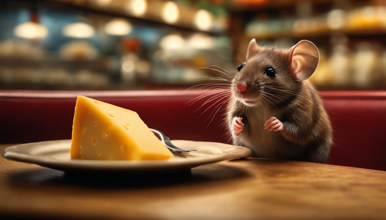 mouse in red sweater, at a 1930's deli eating a piece of cheese,  another mouse in the background