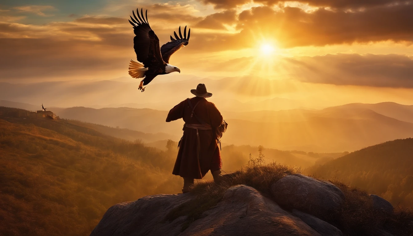two happy peasant men And an eagle flying on the horizon on top of the mountain with sun rays.