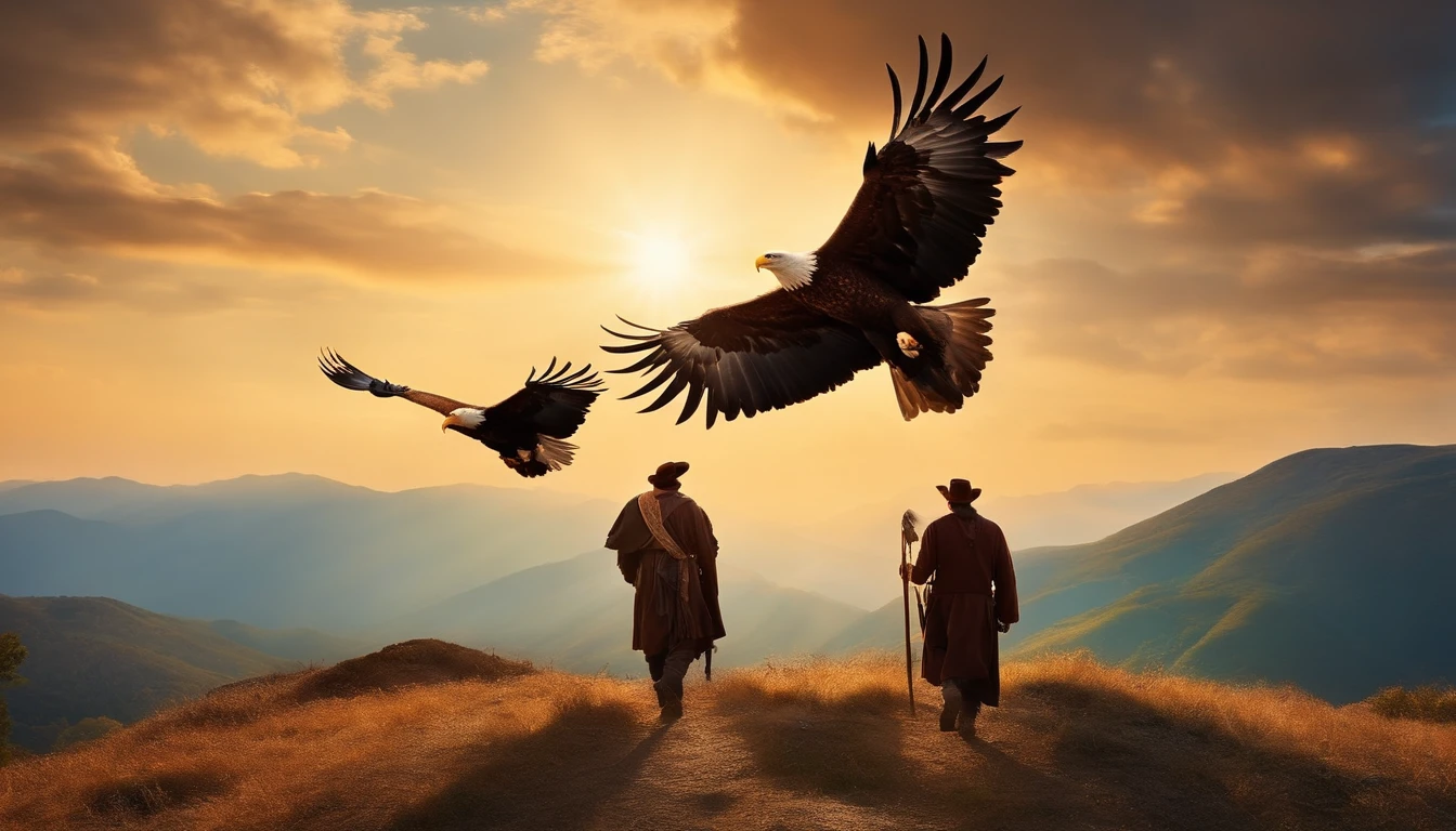 two happy peasant men And an eagle flying on the horizon on top of the mountain with sun rays.