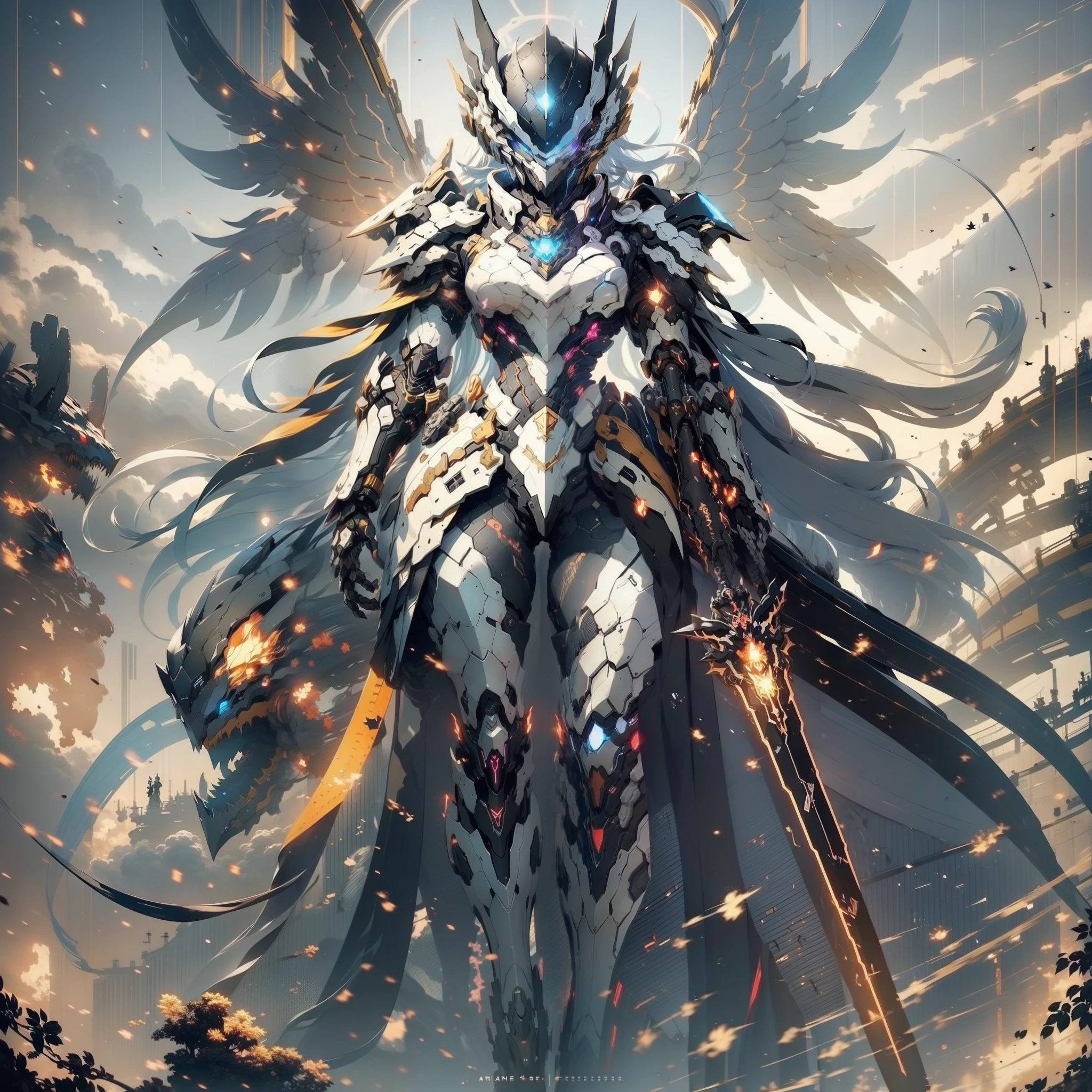 Anime character with clock on background, best anime 4k konachan wallpaper, warframe art, Detailed key anime art, Exquisite War Frame Fan Art, 8k hd wallpaperjpeg artifact, 8 k hd wallpaperjpeg artifact, anime epic artwork, high detailed official artwork, Anime Mecha Aesthetics, covered in full silver armor, Detailed War Frame Fan Art、Feminine silhouette、(giant mechanical wings)、