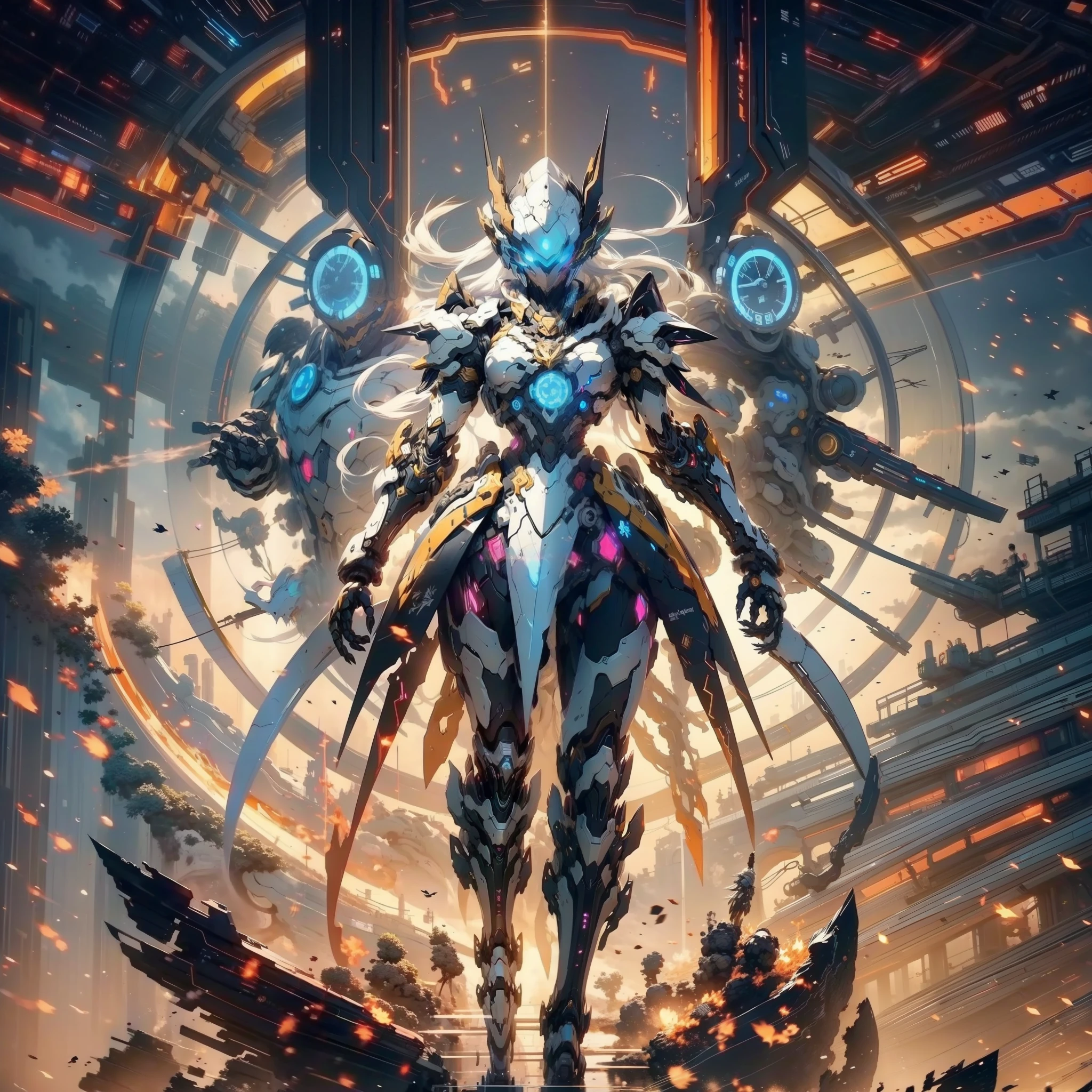 Anime character with clock on background, best anime 4k konachan wallpaper, warframe art, Detailed key anime art, Exquisite War Frame Fan Art, 8k hd wallpaperjpeg artifact, 8 k hd wallpaperjpeg artifact, anime epic artwork, high detailed official artwork, Anime Mecha Aesthetics, covered in full silver armor, Detailed War Frame Fan Art、Feminine silhouette、(giant mechanical wings)、