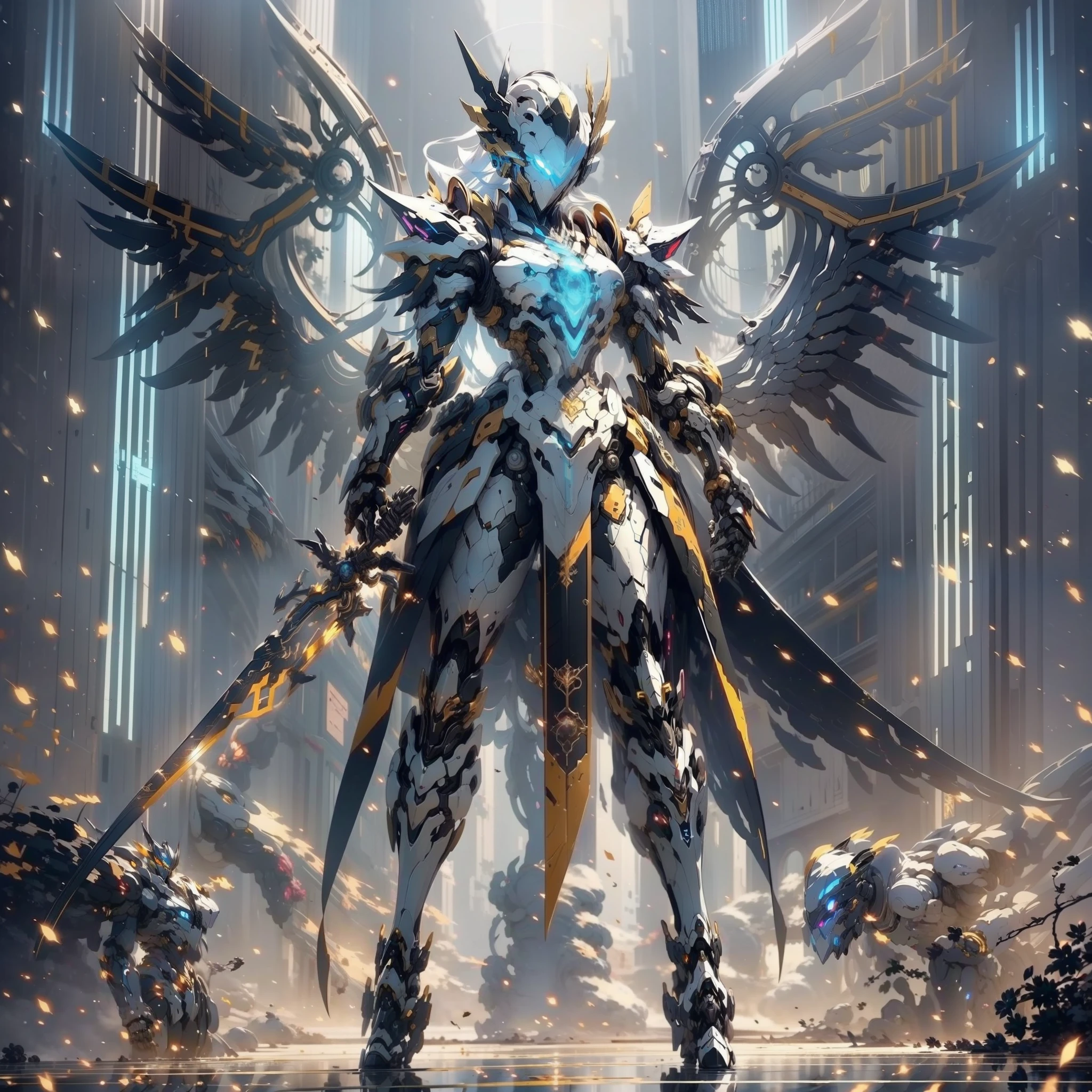 Anime character with clock on background, best anime 4k konachan wallpaper, warframe art, Detailed key anime art, Exquisite War Frame Fan Art, 8k hd wallpaperjpeg artifact, 8 k hd wallpaperjpeg artifact, anime epic artwork, high detailed official artwork, Anime Mecha Aesthetics, covered in full silver armor, Detailed War Frame Fan Art、Feminine silhouette、(giant mechanical wings)、