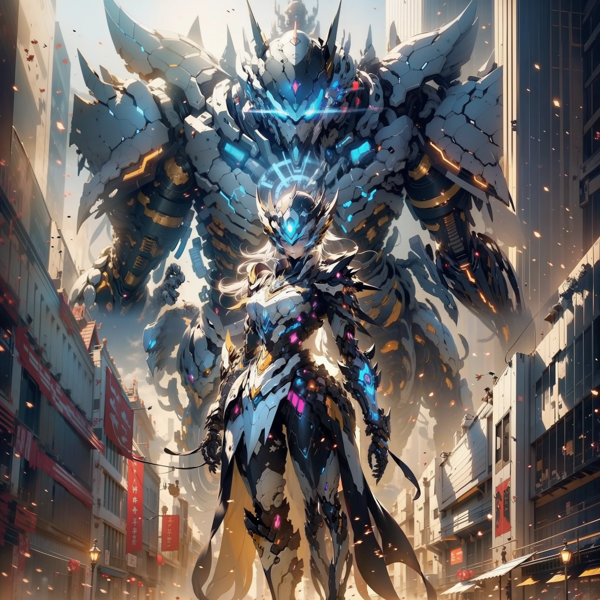 Anime character with clock on background, best anime 4k konachan wallpaper, warframe art, Detailed key anime art, Exquisite War Frame Fan Art, 8k hd wallpaperjpeg artifact, 8 k hd wallpaperjpeg artifact, anime epic artwork, high detailed official artwork, Anime Mecha Aesthetics, covered in full silver armor, Detailed War Frame Fan Art、Feminine silhouette、(giant mechanical wings)、