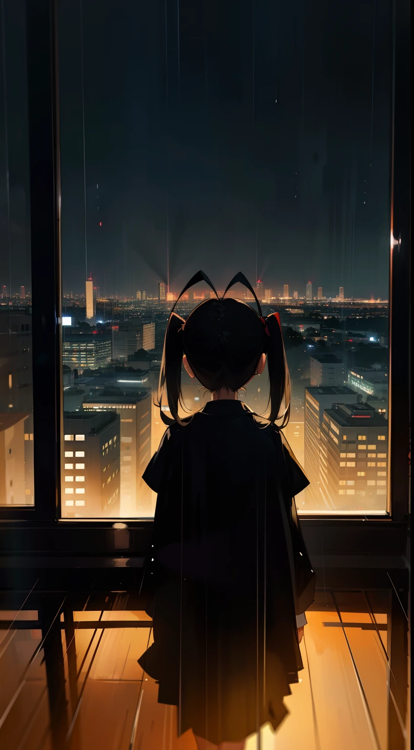 silhouette of a 3  girl with ltwintail hair and hair 2antenna looking out the window at night, a garden with a city in the background at night and raining