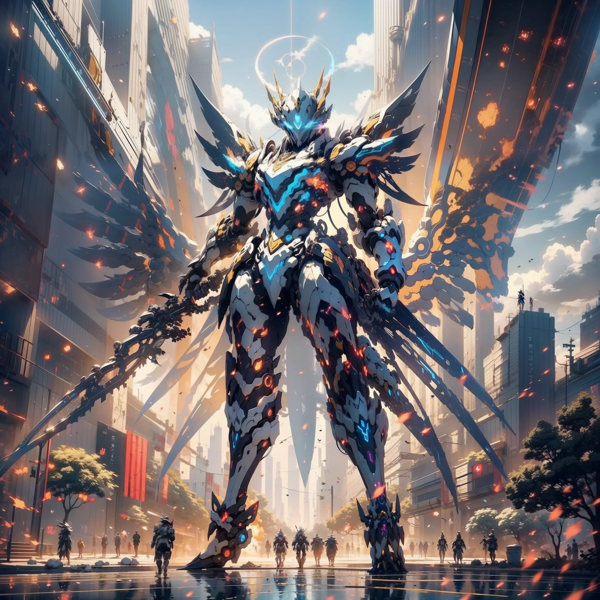 Anime character with clock on background, best anime 4k konachan wallpaper, warframe art, Detailed key anime art, Exquisite War Frame Fan Art, 8k hd wallpaperjpeg artifact, 8 k hd wallpaperjpeg artifact, anime epic artwork, high detailed official artwork, Anime Mecha Aesthetics, covered in full silver armor, Detailed War Frame Fan Art、Feminine silhouette、(giant mechanical wings)、