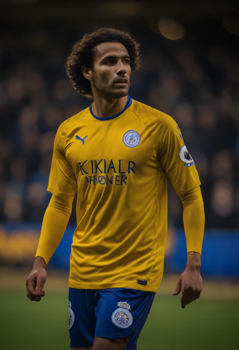 Homem soccer player, de cabelo amarelo mei grande, in Leicester city