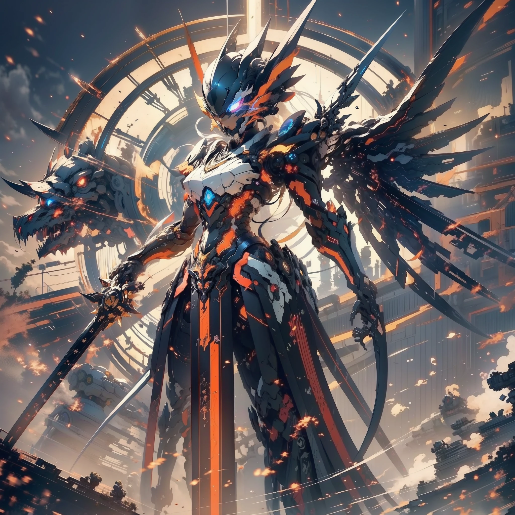 Anime character with clock on background, best anime 4k konachan wallpaper, warframe art, Detailed key anime art, Exquisite War Frame Fan Art, 8k hd wallpaperjpeg artifact, 8 k hd wallpaperjpeg artifact, anime epic artwork, high detailed official artwork, Anime Mecha Aesthetics, covered in full silver armor, Detailed War Frame Fan Art、Feminine silhouette、(giant mechanical wings)、