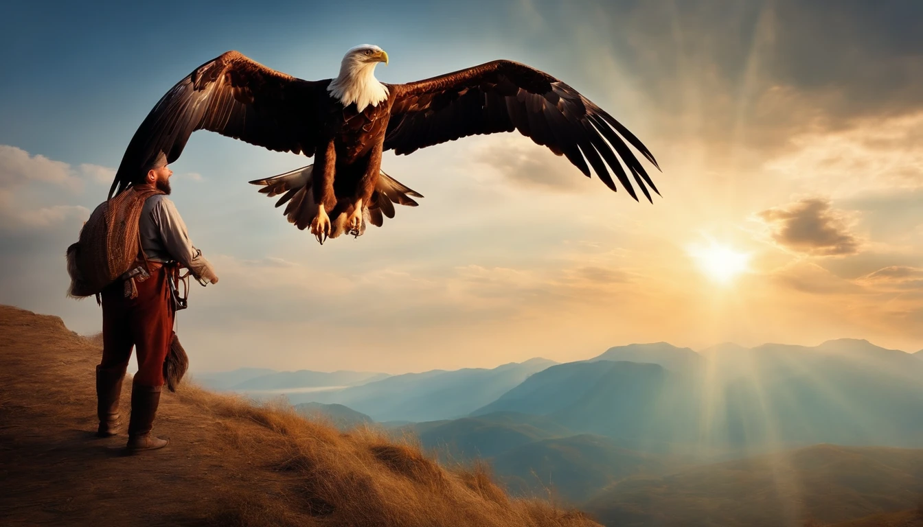 two happy peasant men And an eagle flying on the horizon on top of the mountain with sun rays.