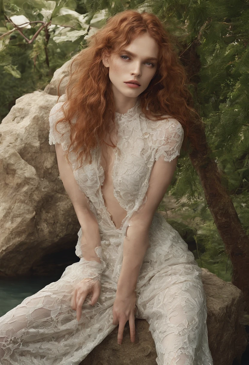 vogue photography, Beautiful Montenegro (light freckles:0.8) And a shy smile, (Muscular:1.4), Handsome full  male model，long whitr hair，sittinng on the river, Sweaty, It's all sweat, bareness, steven klein, Melt Arras and Marcus Pigot, mert and marcus, ryan mcginley, artem, inspired by Konstantin Somov, Danila Tkachenko, photography alexey gurylev, amongst foliage, steven meisel, photography alexey kurylev. Natural skin, Textured skin, (Kagor aesthetics:1.2), (rim lit:1.3), Pastel colors. . elegant, opulent, Flowing lines, Detailed, decor,Simple . Award-winning, professional, Highly detailed