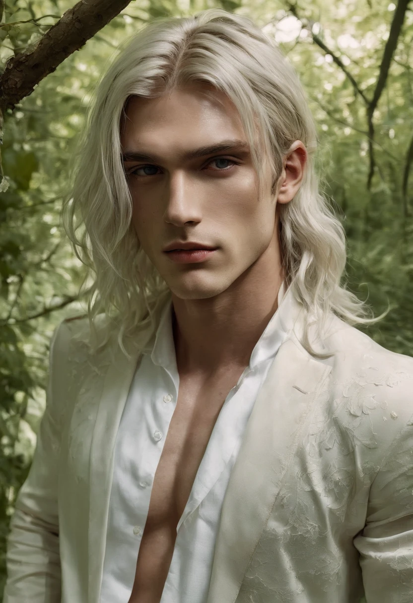 vogue photography, Beautiful Montenegro (light freckles:0.8) And a shy smile, (Muscular:1.4), Handsome full  male model，long whitr hair，sittinng on the river, Sweaty, It's all sweat, bareness, steven klein, Melt Arras and Marcus Pigot, mert and marcus, ryan mcginley, artem, inspired by Konstantin Somov, Danila Tkachenko, photography alexey gurylev, amongst foliage, steven meisel, photography alexey kurylev. Natural skin, Textured skin, (Kagor aesthetics:1.2), (rim lit:1.3), Pastel colors. . elegant, opulent, Flowing lines, Detailed, decor,Simple . Award-winning, professional, Highly detailed