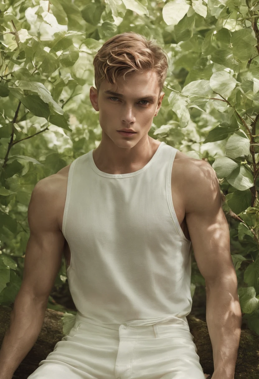 vogue photography, Beautiful Montenegro (light freckles:0.8) And a shy smile, (Muscular:1.4), Handsome full male model,long whitr hair,sittinng on the river, Sweaty, It's all sweat, bareness, steven klein, Melt Arras and Marcus Pigot, mert and marcus, ryan mcginley, artem, inspired by Konstantin Somov, Danila Tkachenko, photography alexey gurylev, amongst foliage, steven meisel, photography alexey kurylev. Natural skin, Textured skin, (Kagor aesthetics:1.2), (rim lit:1.3), Pastel colors. . elegant, opulent, Flowing lines, Detailed, decor,Simple . Award-winning, professional, Highly detailed