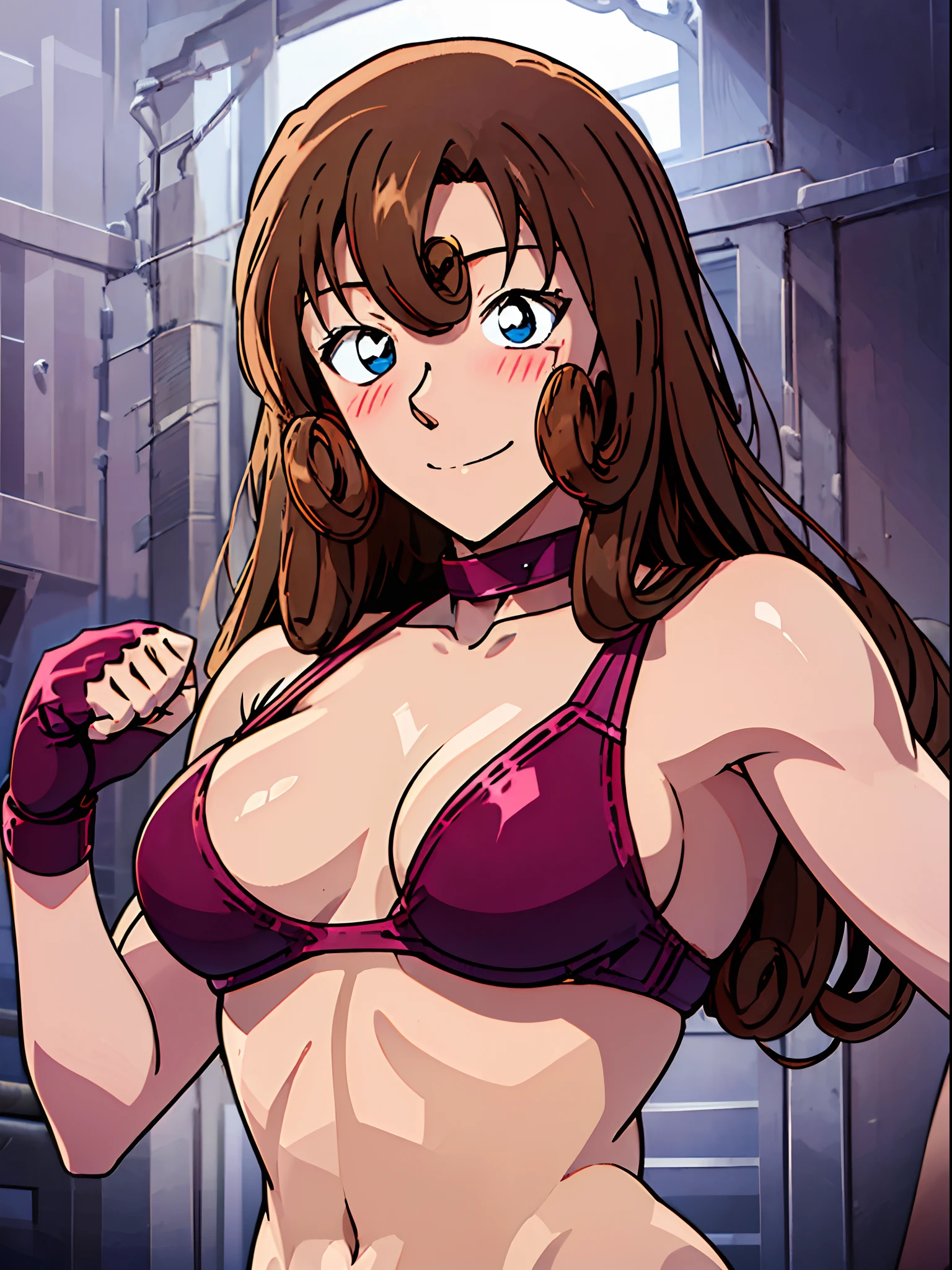 front view, cowboy shot, ultra detailed face, best quality, anime style, hires, highest definition, digital blending, bold drawing lines, ((weak body, female wrestler), (slender body), mature woman, milf, (wrestling gear, collar band), victorious, gorgeous, winner, not blushing, confident face, smile, (closed mouth), (pale skin, shiny skin, lighting and shadow), (cleavage), (clean face), (warming up), closed fists, (brown, curly hair, long hair, curly bangs), 37 years old,
