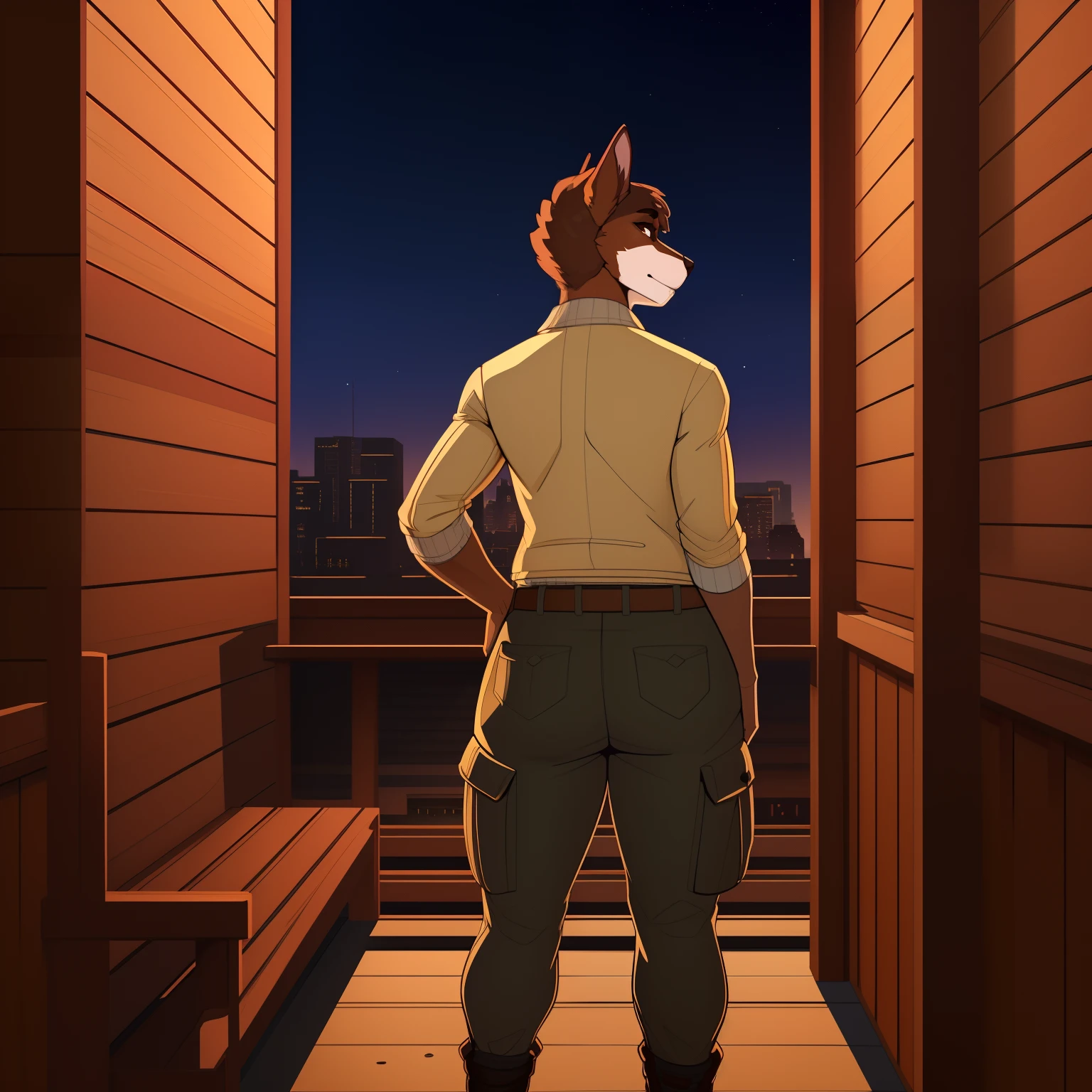 Mature_red_heeler 40_yo female khaki_furry_body brown_eyes cardigan cargo_pants solo starry_night back_porch Masterpiece best_quality absurdres highly_detailed cleanly_drawn_eyes anthro_only by_claweddrip, by_greasymojo, by_underscore-b, by_runawaystride