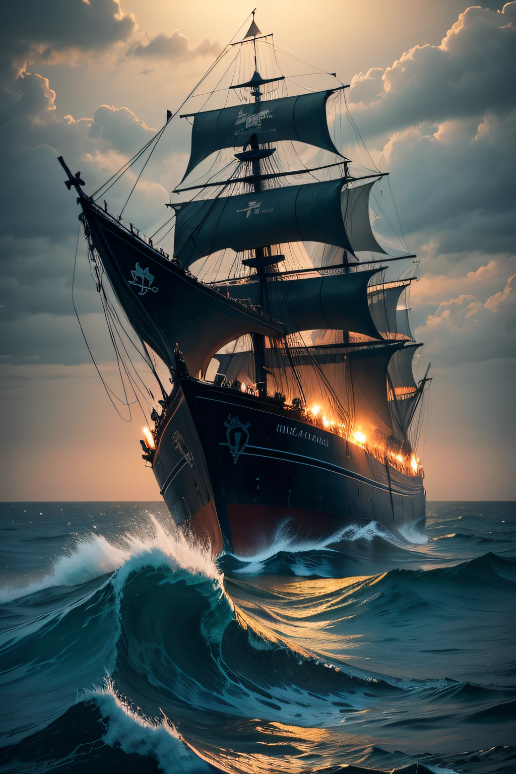 navio pirata no meio de um mar rochoso com uma cara de fantasma sobre ele, gothic ship in the ocean, destroyed ship, um navio perdido em uma tempestade,