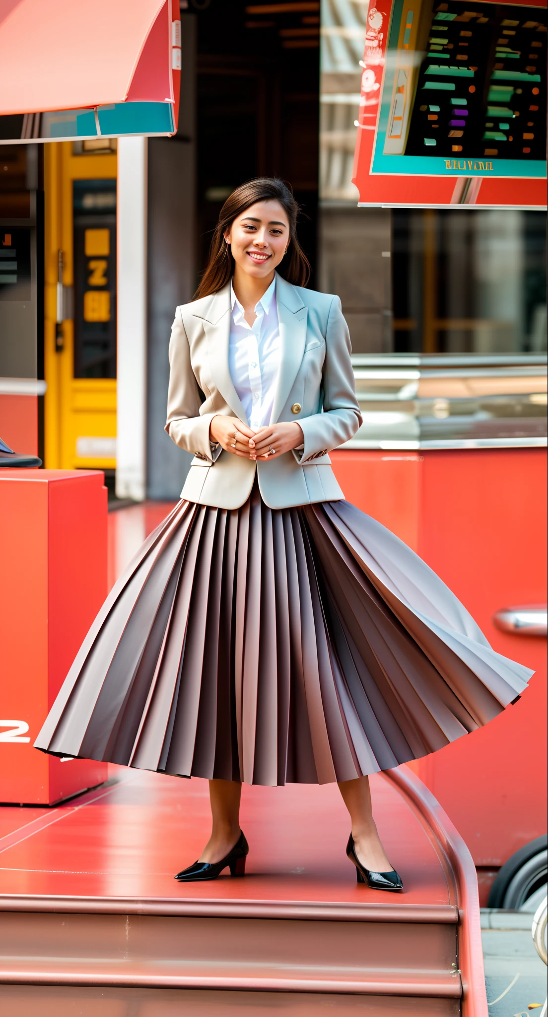 very (seductive:1,9) smiling attractive lesbian woman wearing short blazer and very very detailed (long (fully pleated) full circle skirt) and (simple) low heeled office shoes, very very intricate hyper-detailed symmetric (attractive graceful young feminine face) with (sad, tired eyes and a shy smile), large breasts, full of empathy and compassion and love, (pronounced (feminine) features), (highly detailed ultra accurate realistic) hands and fingers, (windy conditions and wind blowing), epic composition, highly detailed attributes, highly detailed atmosphere, (35mm f1.4 Kodak portra 400 photograph), extremely high quality RAW photograph,