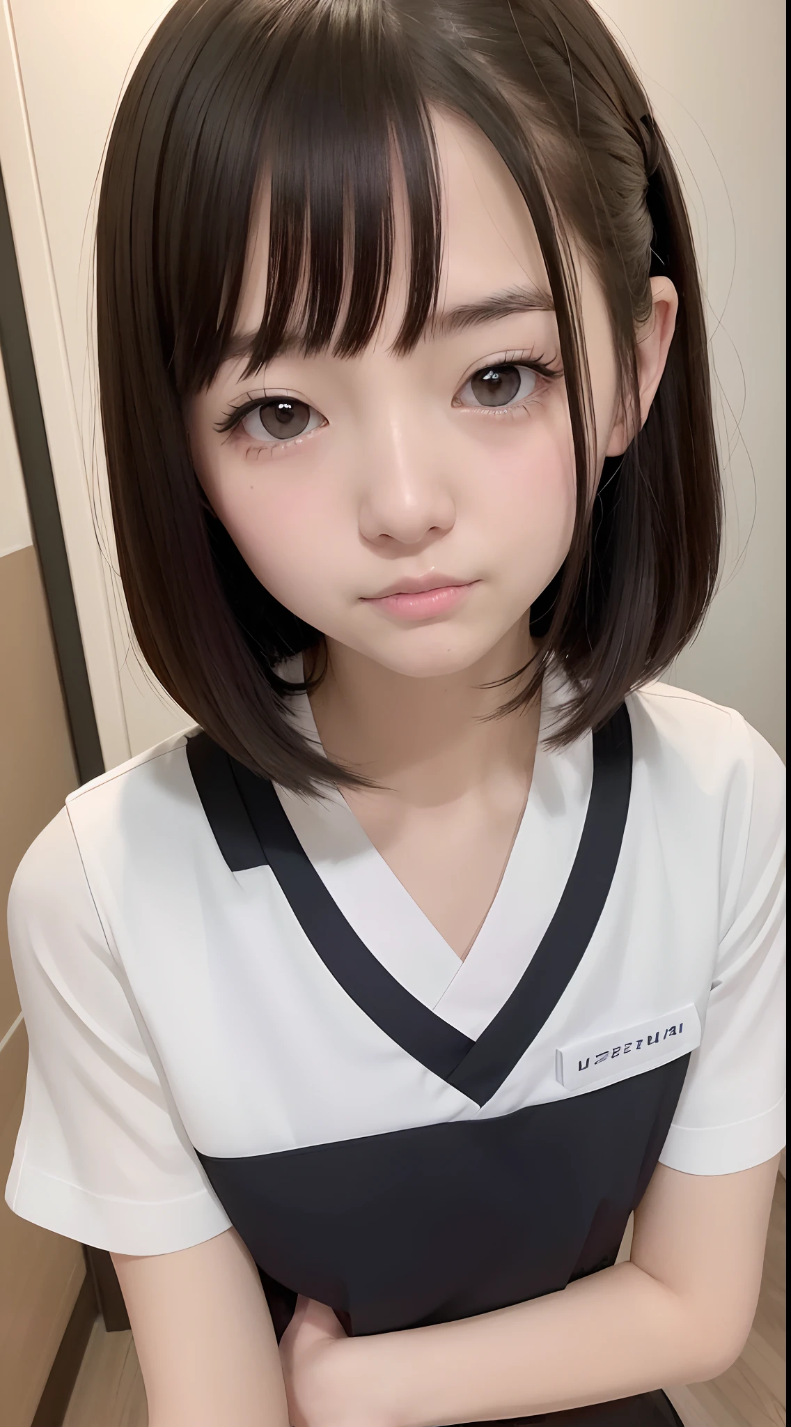 absurdres, (masterpiece, best quality), (ultra-detailed), extremely detailed,super high resolution, (Top Quality photorealistic Illustration), (Super Definition), (best quality,masterpiece:1.0),(cute illustration), (high Saturation), highres, ultra-detailed, 32k,8k resolution, intricate details, cinematic scene, detailed background, Soar (High chroma),(Sparkling),bathroom, depth background, in the sandy beach, ocean, splashing, blue sky, windy, rim light, sunlight, beautiful lighting, strong light,BREAK (1 girl) (kawaii), (cute), Beautiful and delicate eyes, Delicate and beautiful face, Facial accents, Perfect figure,(open shirt, bare breast:1.8), (show off beautiful nipples:1.8), (bare small areolas:1.4), Uniforms、bright expression、short bowl cut、Young shiny shiny white shiny skin、Best Looks、Natural black hair with dazzling highlights、shiny light hair, (short hair:1.6), silky straight hair、Beautiful bangs that shine、Double eyelids、eye liner、Glowing crystal clear attractive big brown eyes,(Very beautiful nice cute 14 year old Nordic girl:1.6)