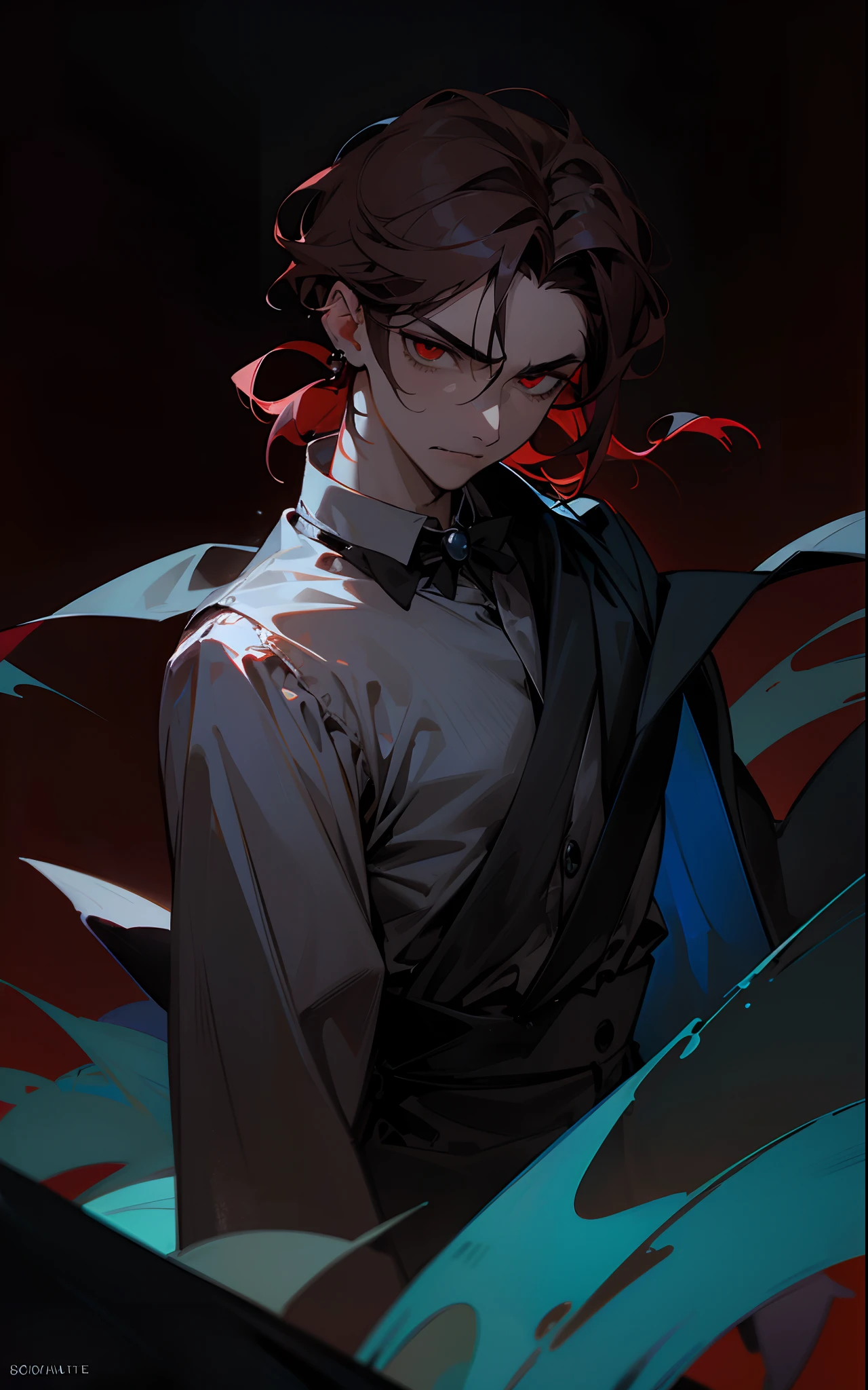 ((tmasterpiece)),(((beste-Qualit))), Close-up of depressed and sad man with brown hair, Grown-up guy, Seductive evil, (l vampire), wearing white shirt, black cloak, black pants Attractive appearance, Subsurface scattering skin, Attractive humanoid, high detail, Skinny fantasy man, Fan art, Art, handsome male, red eyes, depressed mood, sad face, gloomy, fangs, vampire fangs, small pupils, Skinny face, sunken cheeks, Melancholic appearance, sharp chin, Smooth face, earring in the ear, Hair gradient, hair color from brown to red, thin eyebrows, short hair on the side, pixie hairstyle, Wavy Hair, A chilling look, Cool dark shades, Additional lighting, A gloomy picture, Black Darkness, An ominous fire in his eyes, A Necromancer, necromancy