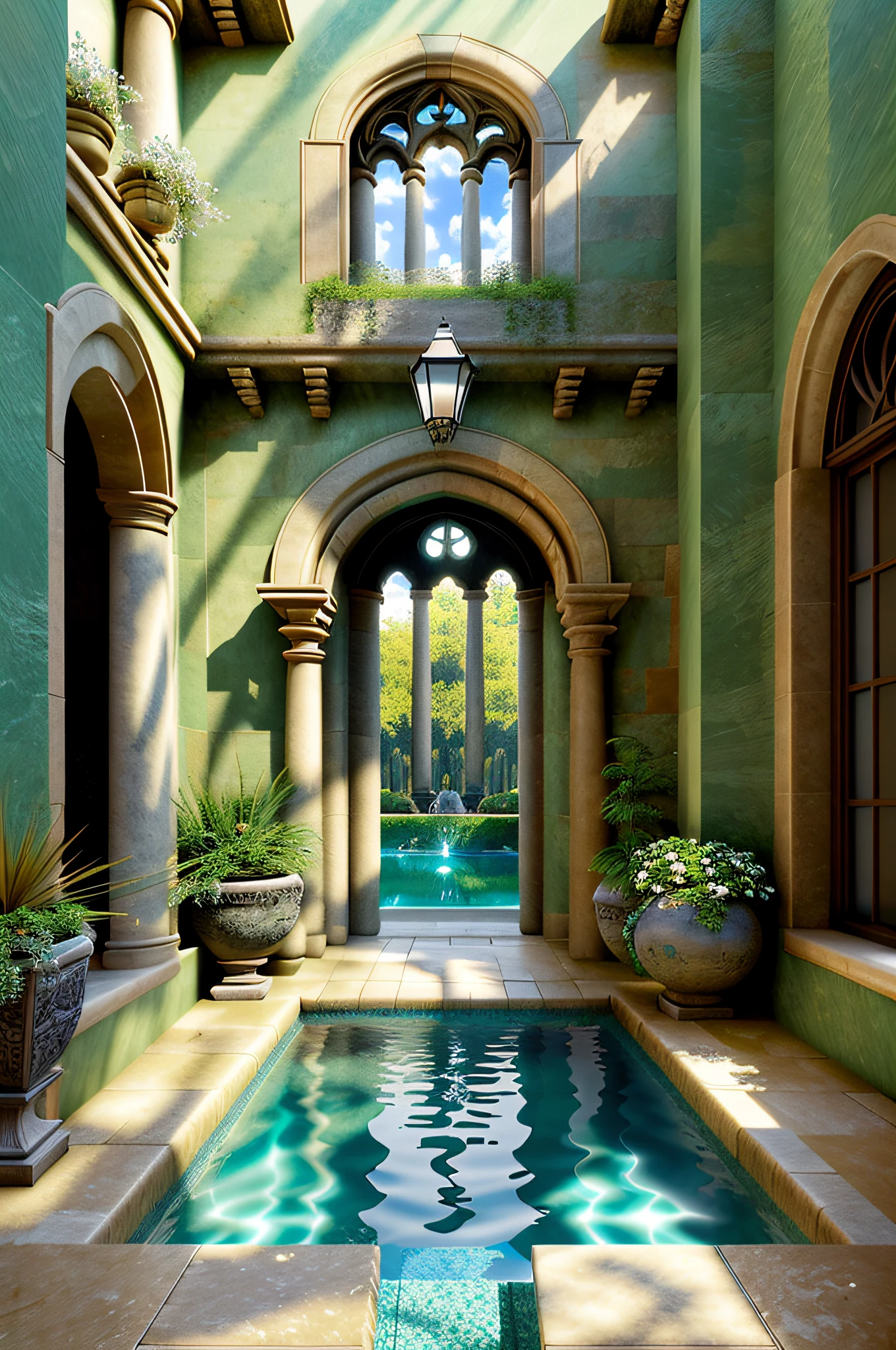 Stuning courtyard with a pool, pool with light green waters, pool inside the giant open interior of palace, interior stone garden art, beautiful render of a flower vases in garden, a wide open courtyard in an epic ambient, maximalist style rendering, intricate stone walls, granite on floor, detailed masterful and mysterious exterior, symmetrical architectural photography, soft lights, sunset afternoon