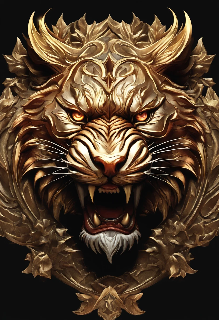 Metal Tiger Head Close-up Game Medallion with Crown,Close-up of the dragon's head,Estilo de arte Hearthstone, Arte de estilo Hearthstone, Arte conceptual de Hearthstone, Arte conceptual del juego Riot, Estilo de League of Legends, Iconic Character Splash Art, Corona de League of Legends,Insignia del juego,Plumas de metal circundantes,Oro rojo,Renderizado C4D,Menos detalles,menos detalles,Enorme cabeza de tigre de metal en el medio