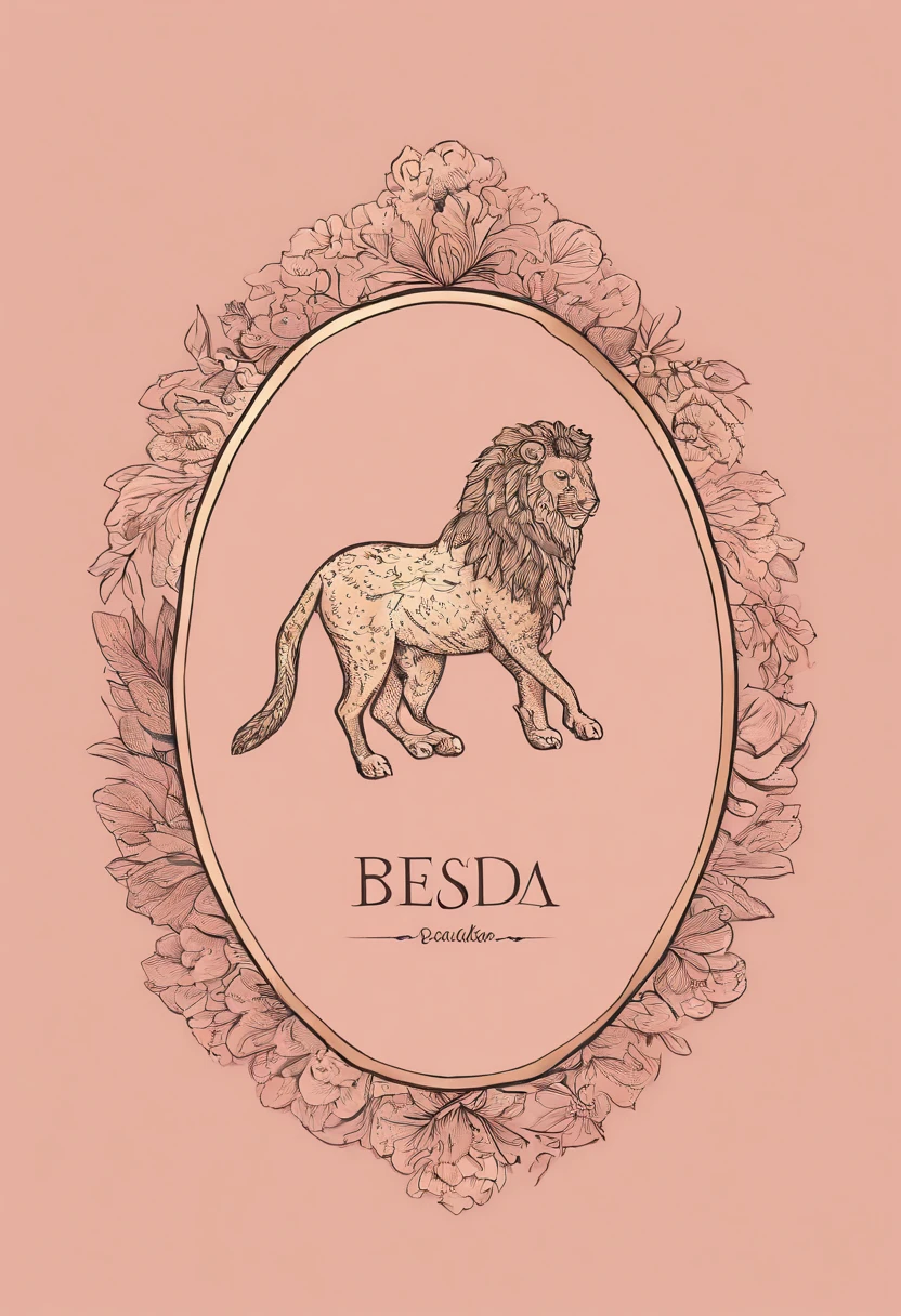 "Design an elegant and eye-catching logo for 'Besda Fashion' that combines pink tones with sophistication and luxury. El fondo debe ser rosa suave. En el centro del logo, coloca dos leones majestuosos en tonos dorados, Flanking a pine forest that symbolizes strength and connection with nature. Add elegant gold or black typography for the name 'Besda Fashion'. Incorpora sutiles ornamentos dorados o rosados para un toque de glamour. El resultado final debe ser un logo impactante que represente la elegancia y el prestigio de 'Besda Fashion'."