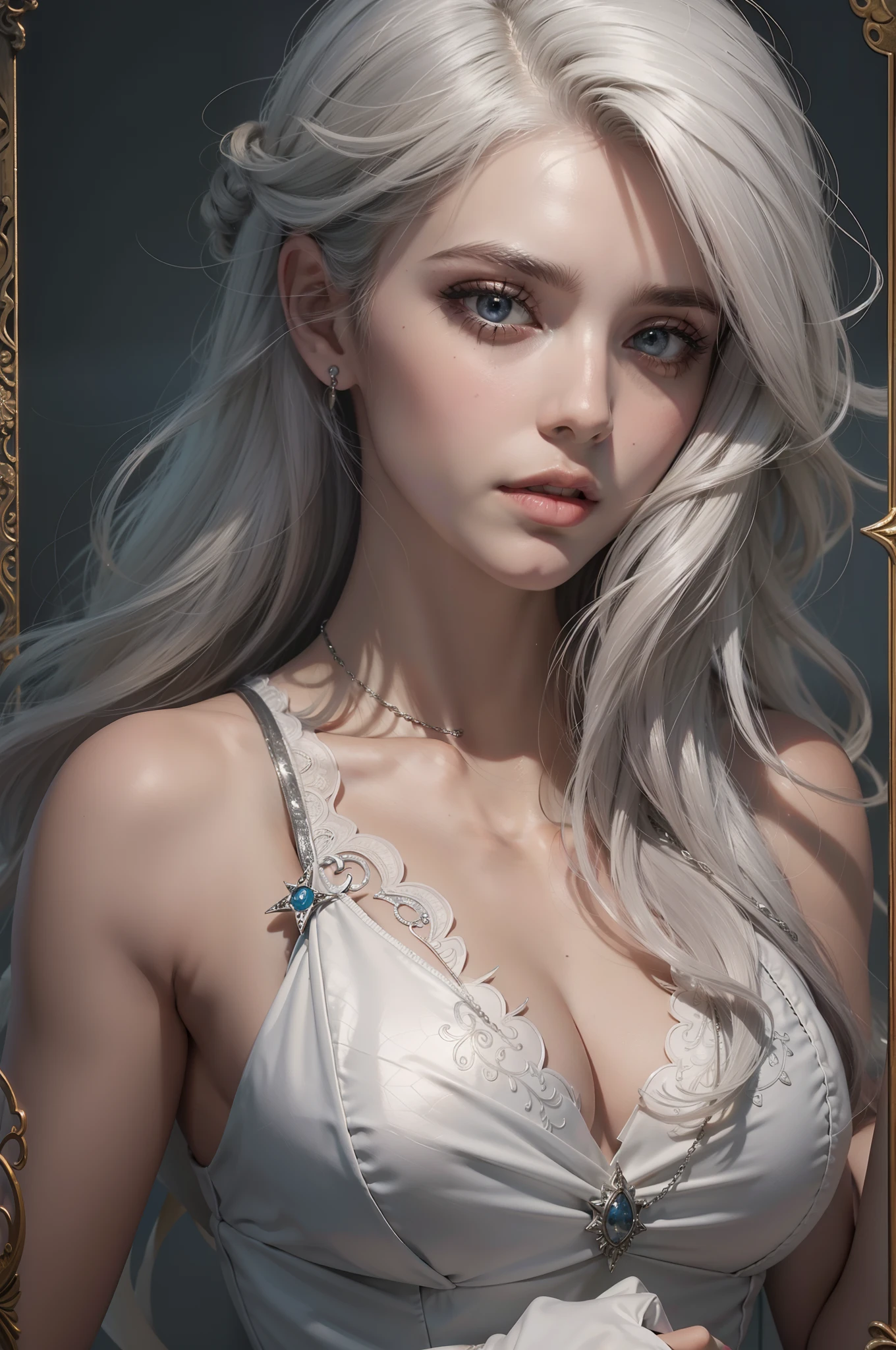 Mulher que lembra a Ciri de The Wicther, com longos cabelos brancos e olhos azuis brilhantes, she's wearing a black suit, seus cabelos chicoteando seu rosto com o vento